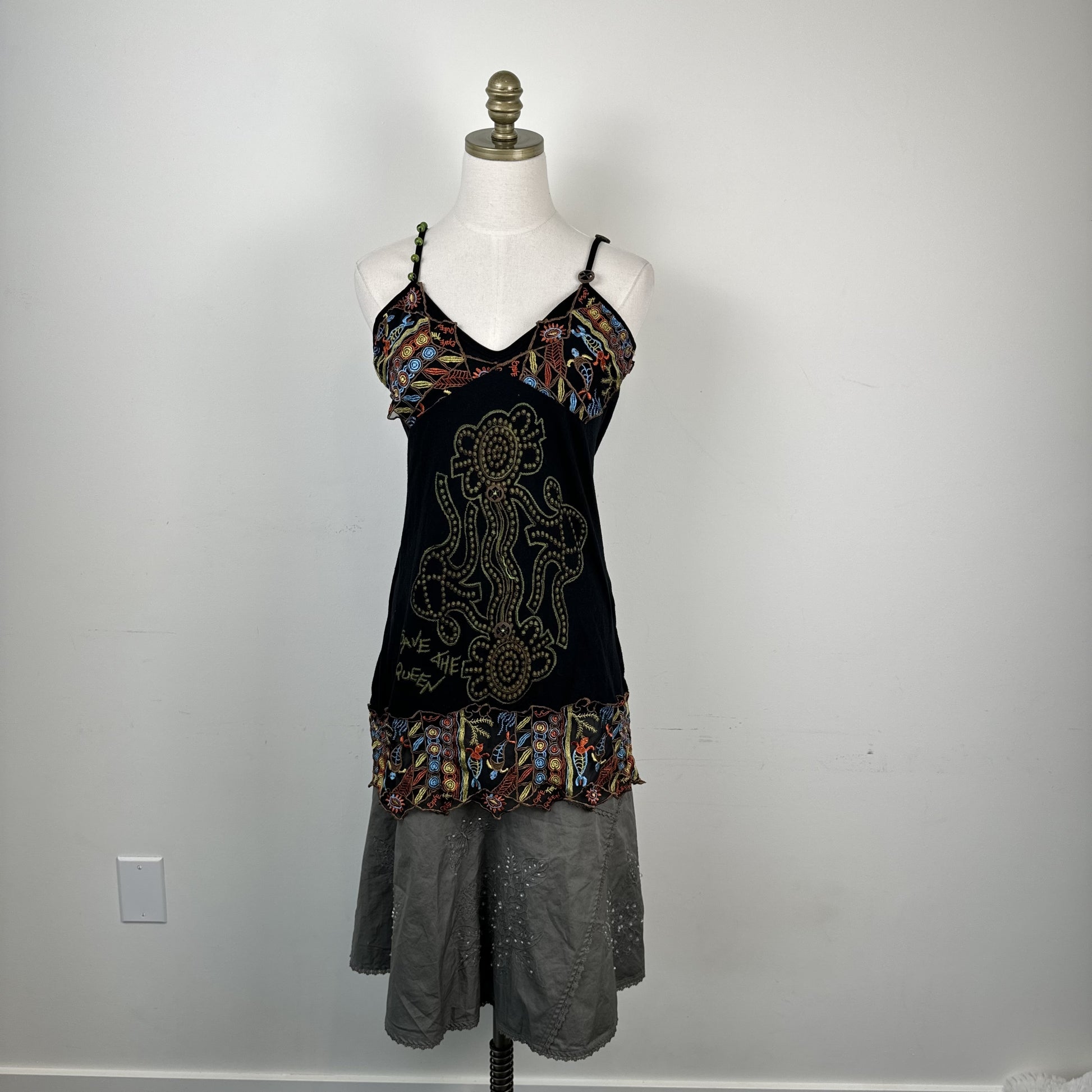 Vintage Save The Queen Green Beaded Mesh Embroidered Babydoll Slip Top