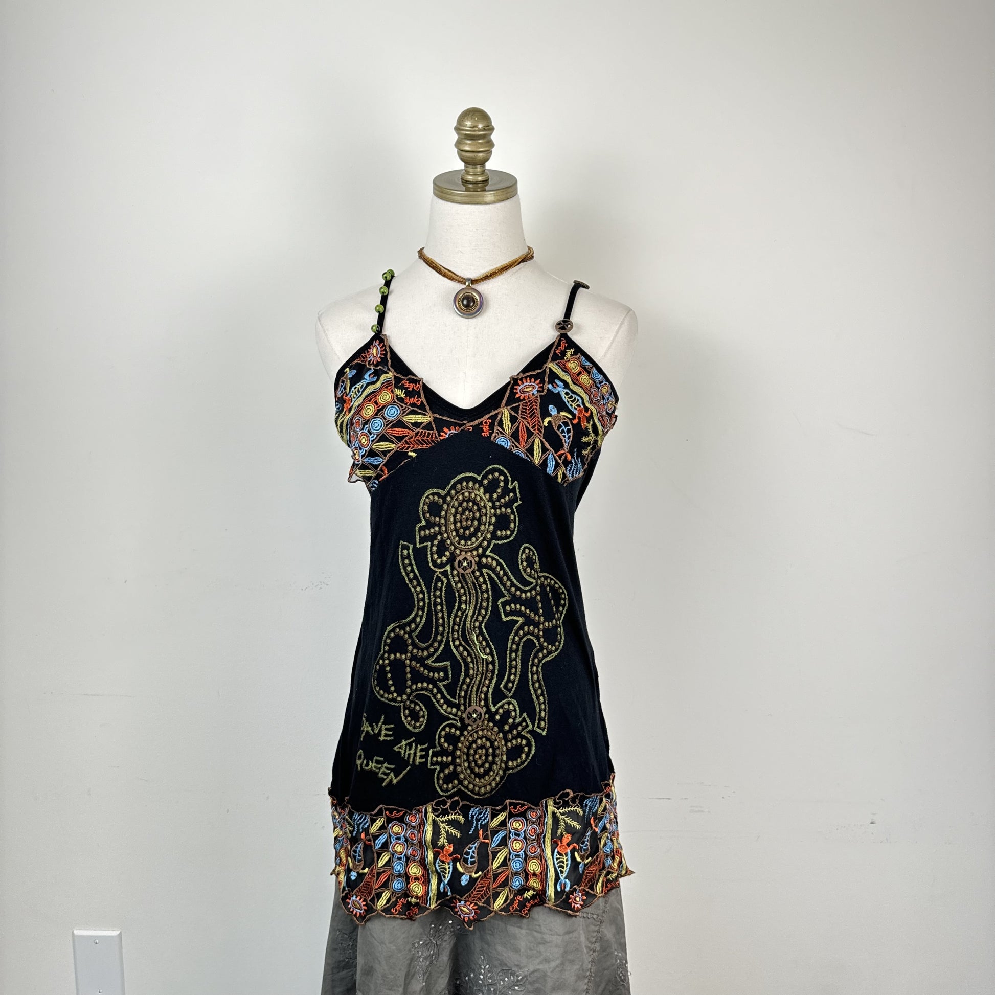 Vintage Save The Queen Green Beaded Mesh Embroidered Babydoll Slip Top – view 2