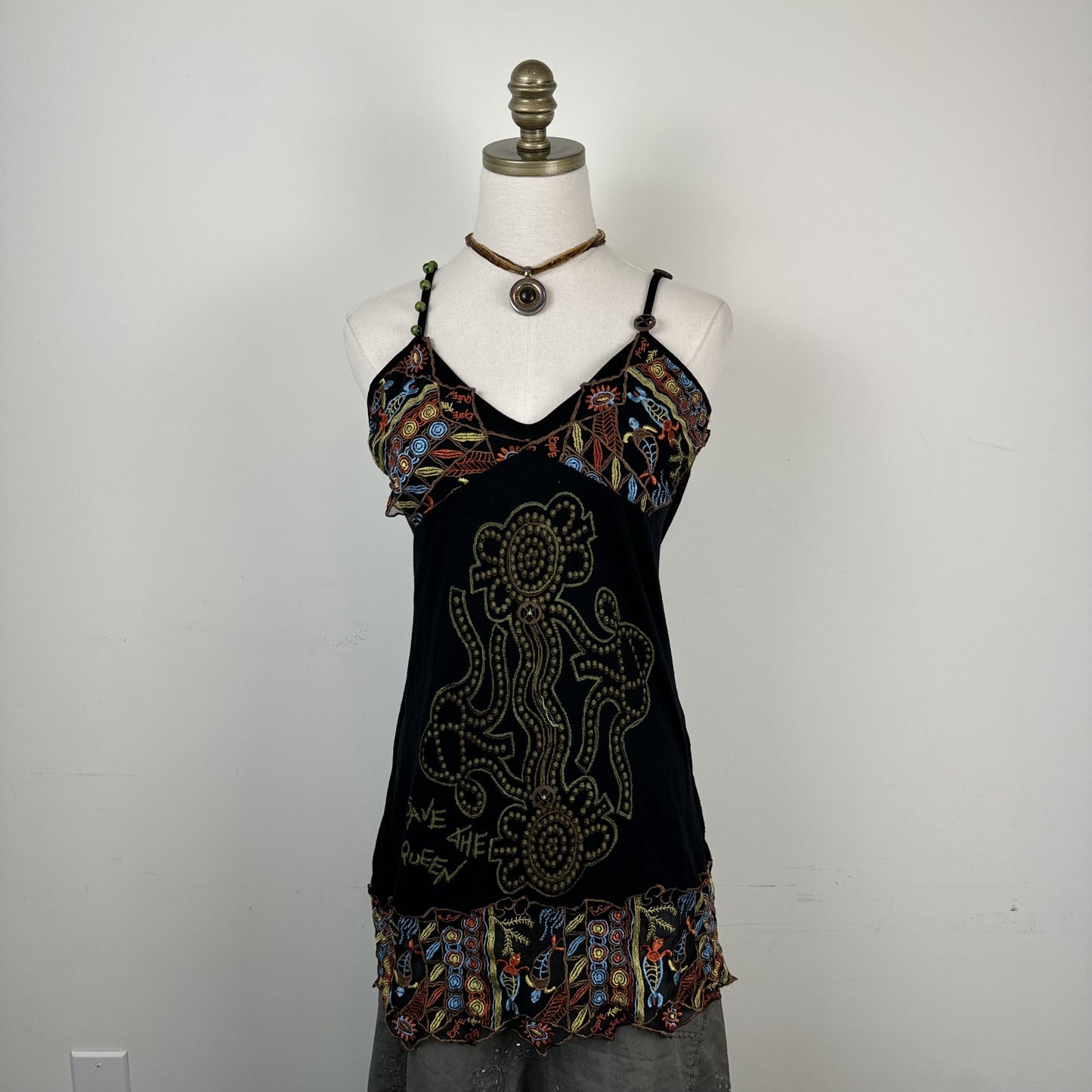 Vintage Save The Queen Green Beaded Mesh Embroidered Babydoll Slip Top – view 3