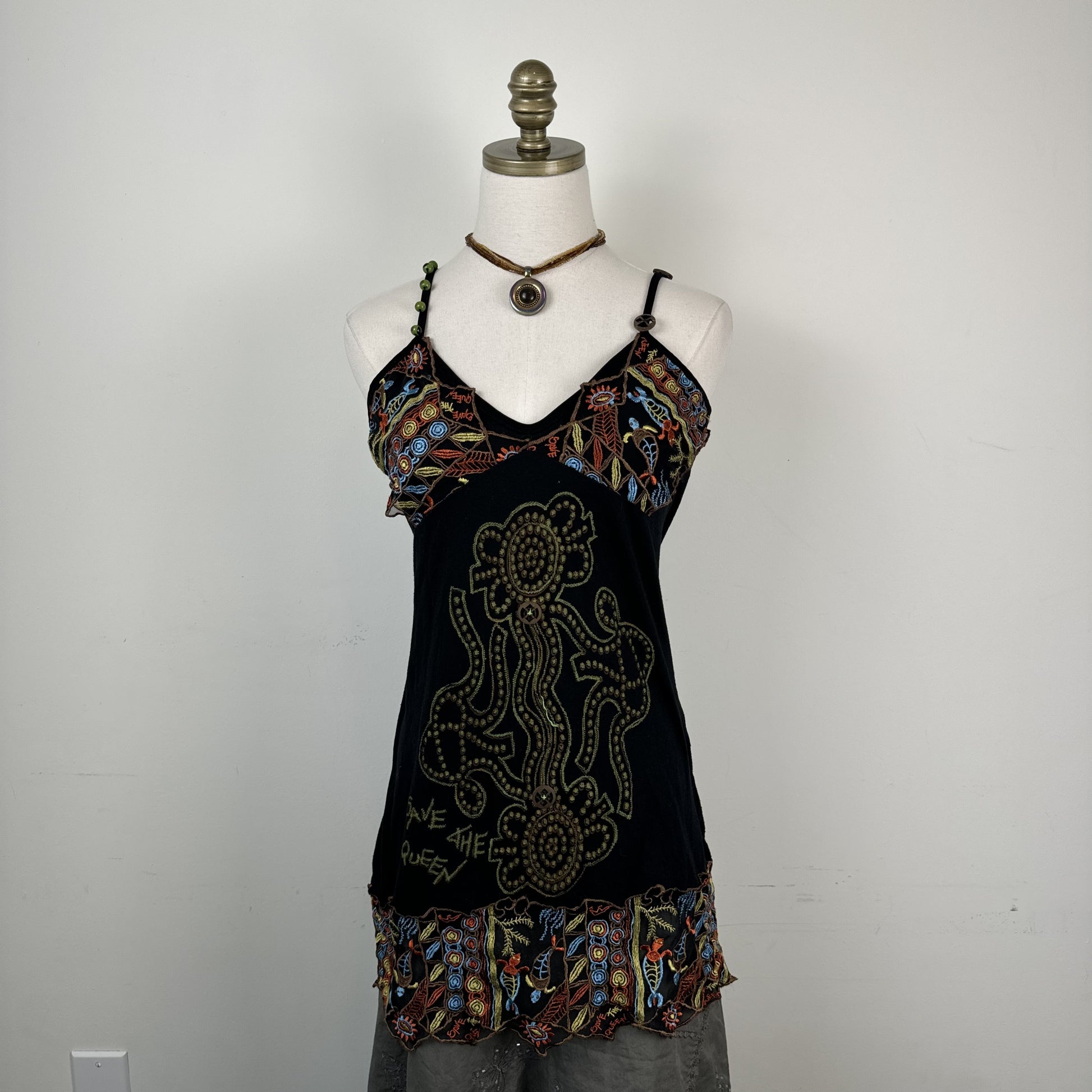Vintage Save The Queen Green Beaded Mesh Embroidered Babydoll Slip Top – view 3