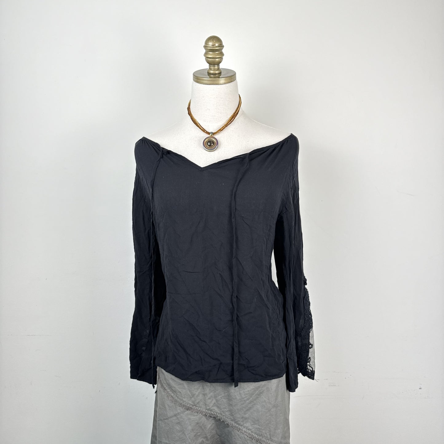 Black Off Shoulder Bell Sleeve Top with Lace Mesh Detail