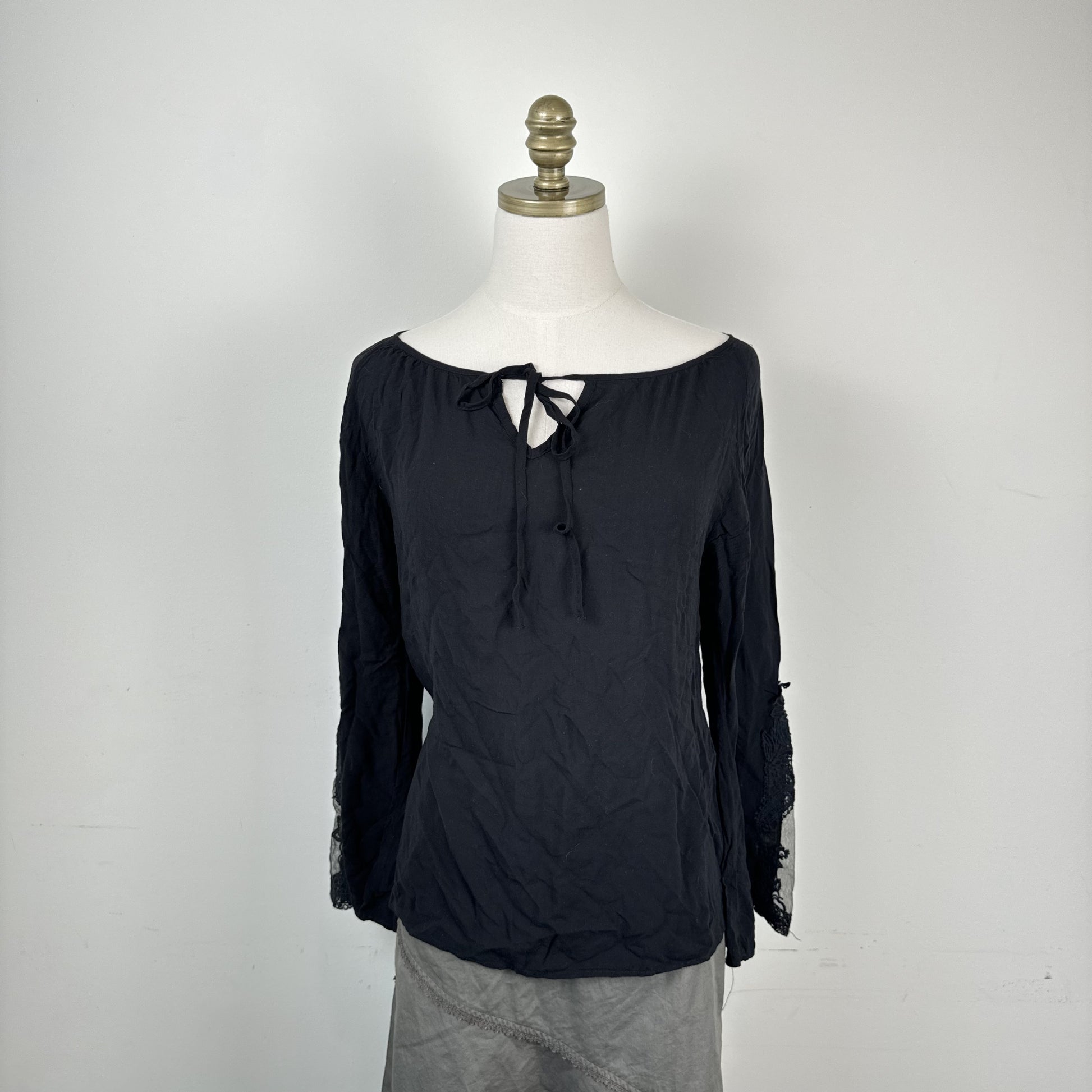 Black Off Shoulder Bell Sleeve Top with Lace Mesh Detail – view 2