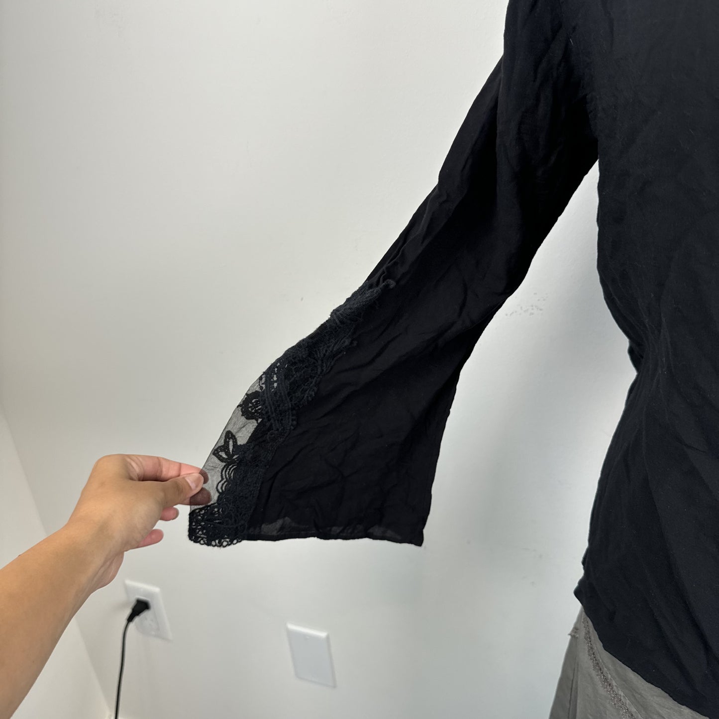 Black Off Shoulder Bell Sleeve Top with Lace Mesh Detail – view 7