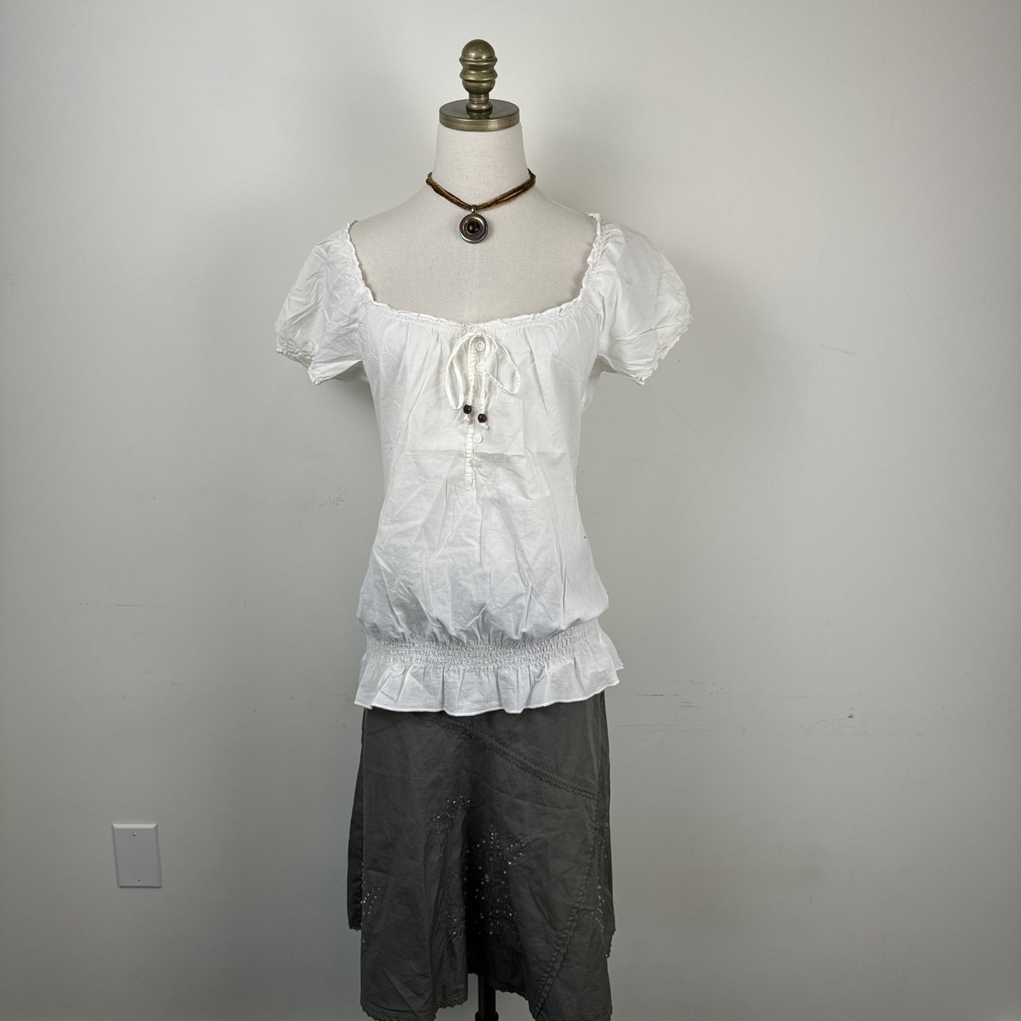 Esprit White Linen Off Shoulder Tie Up Beaded Top