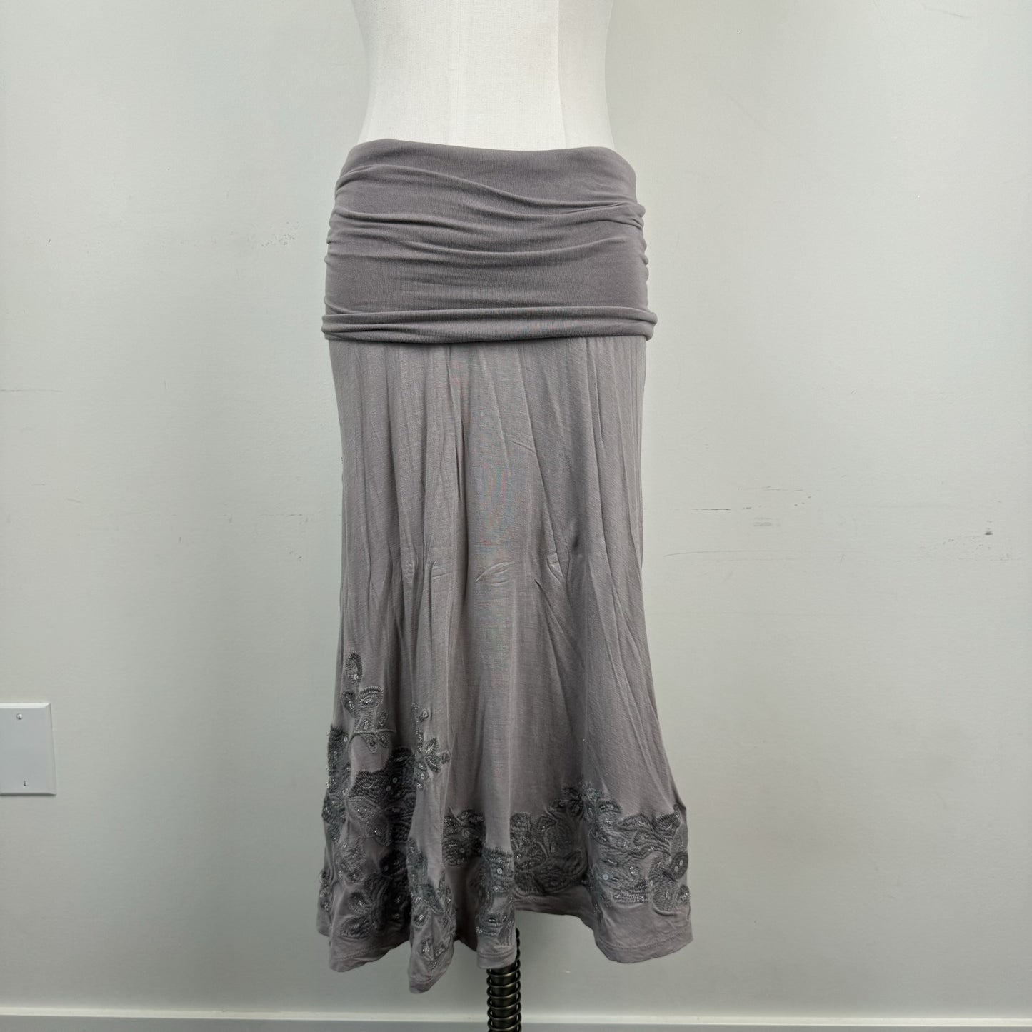 Siren Taupe Beaded Floral Embroidered  Midi Skirt – view 3