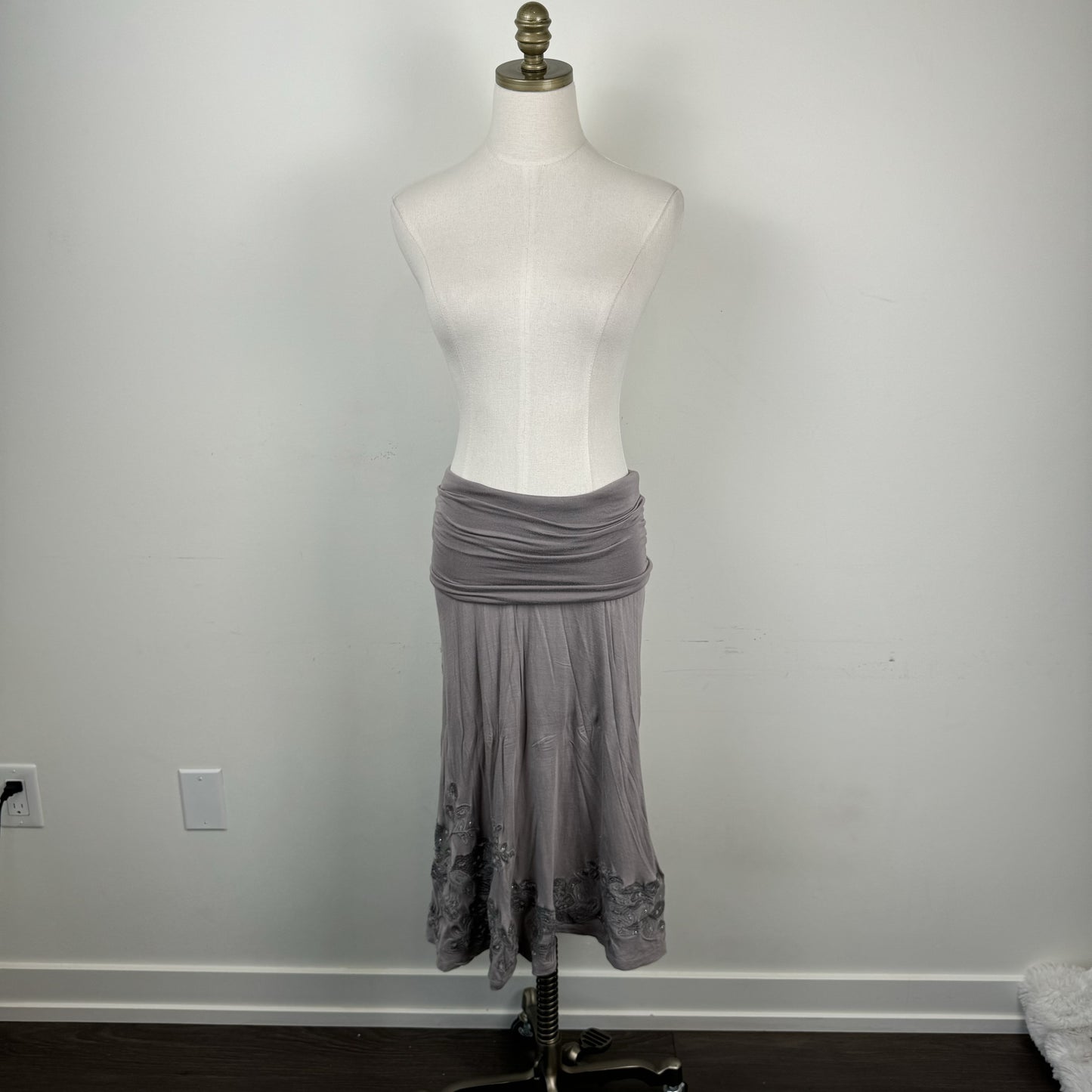 Siren Taupe Beaded Floral Embroidered  Midi Skirt – view 4