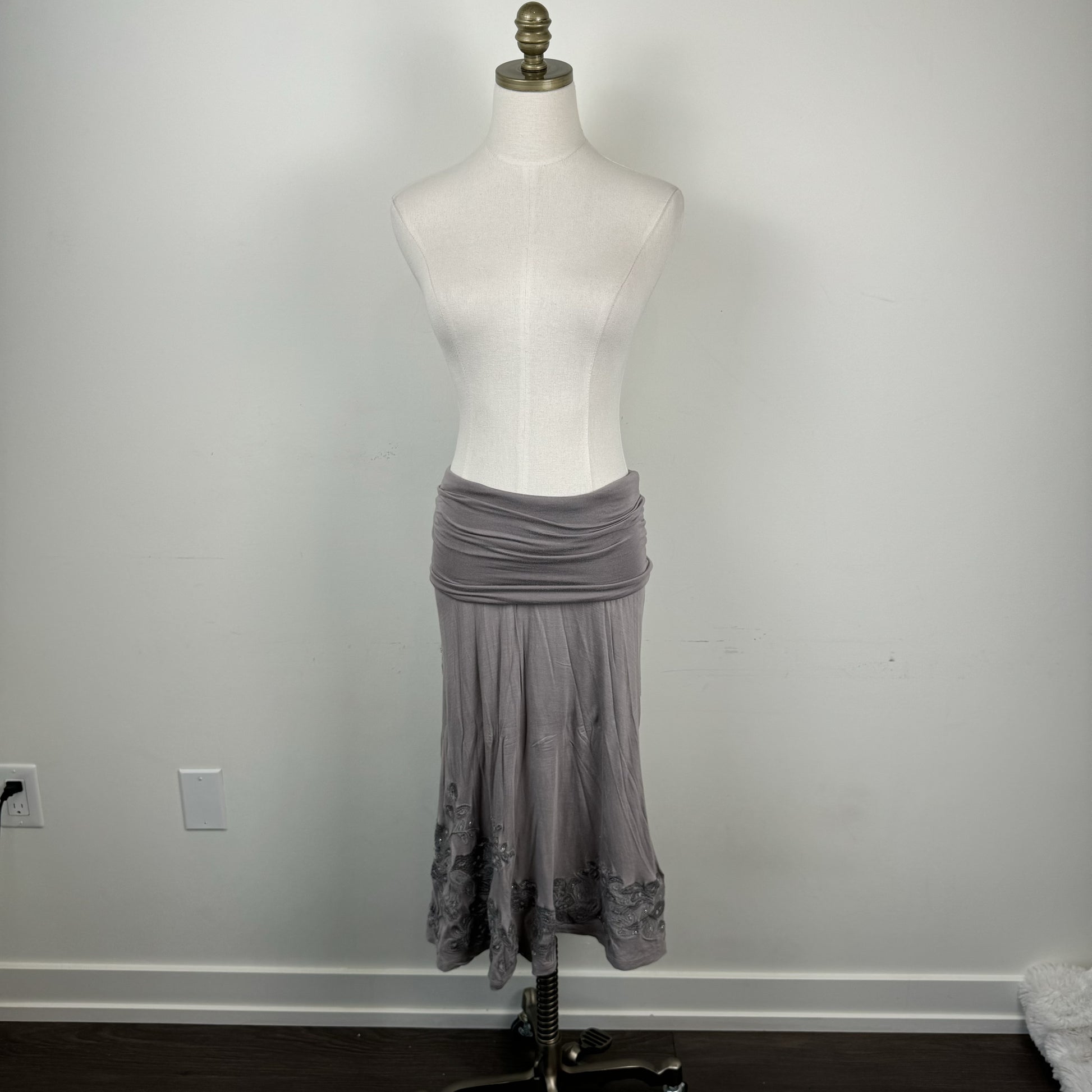 Siren Taupe Beaded Floral Embroidered  Midi Skirt – view 4
