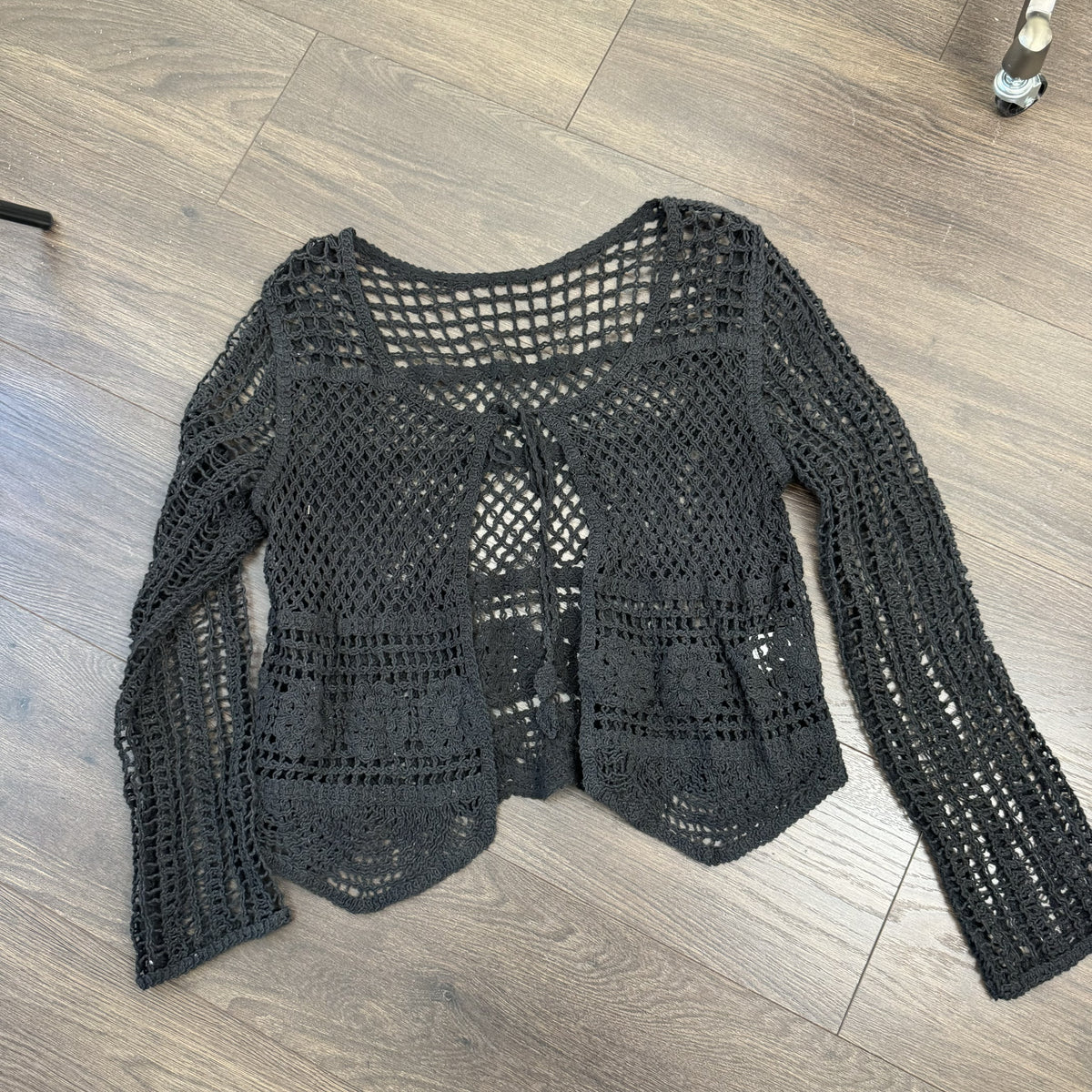 Black Open Knit Crochet Open Front Tie-Up Sweater – view 5