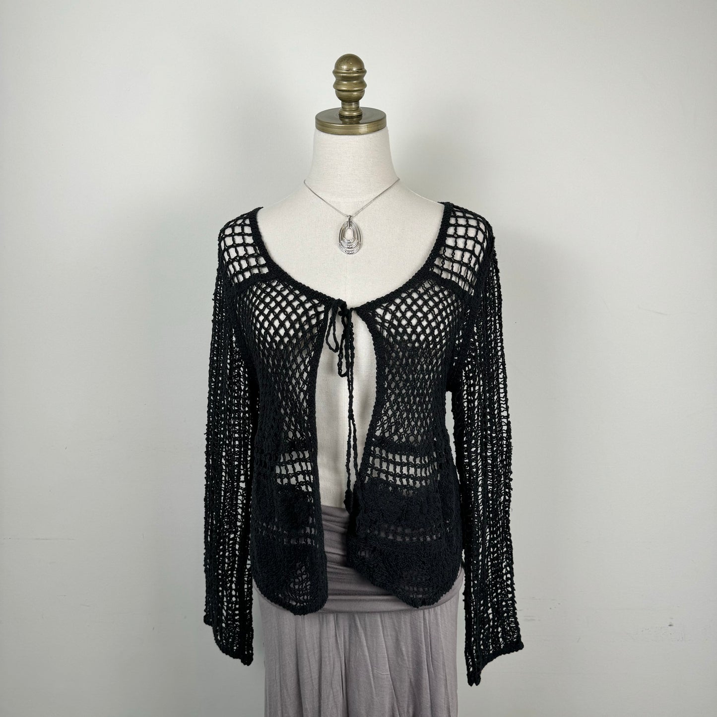 Black Open Knit Crochet Open Front Tie-Up Sweater