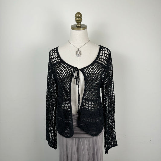 Black Open Knit Crochet Open Front Tie-Up Sweater