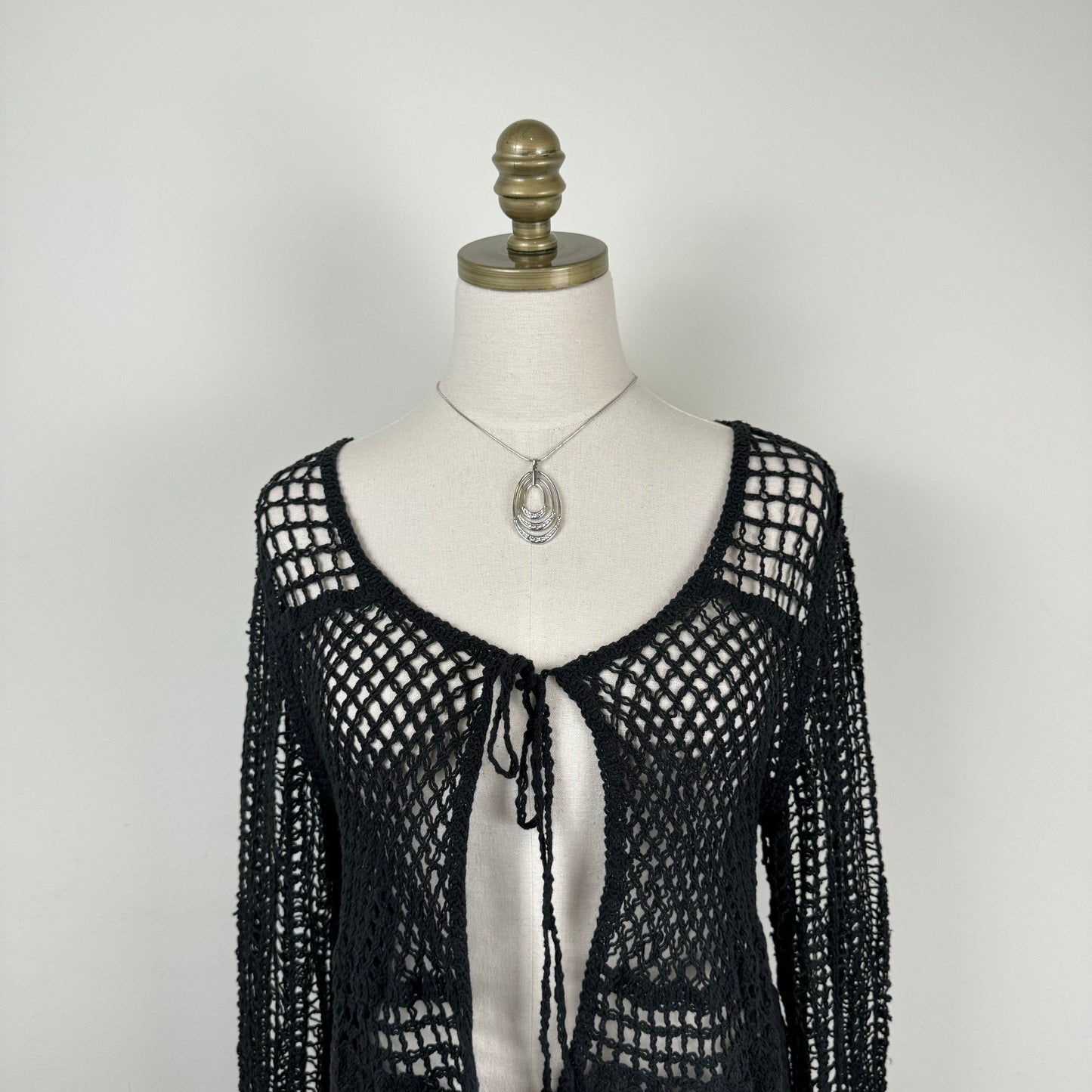 Black Open Knit Crochet Open Front Tie-Up Sweater