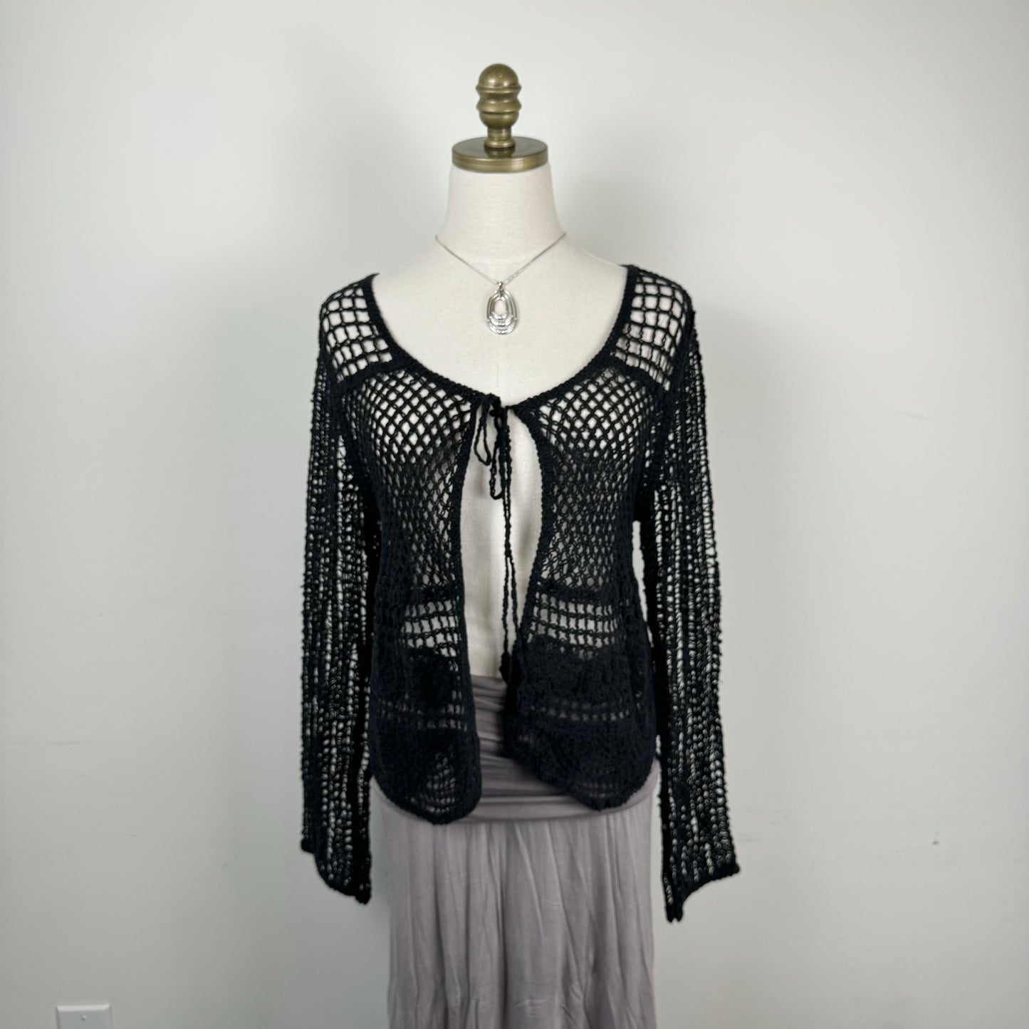 Black Open Knit Crochet Open Front Tie-Up Sweater
