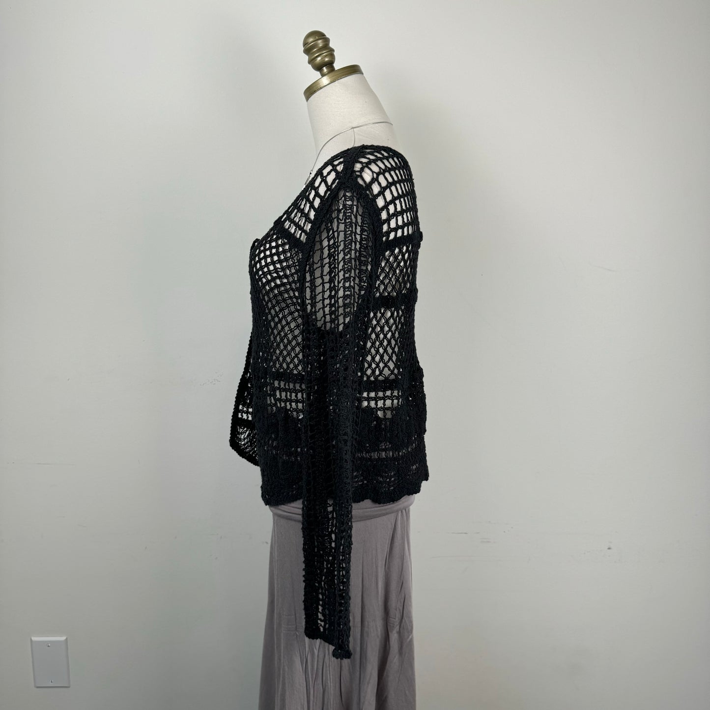Black Open Knit Crochet Open Front Tie-Up Sweater