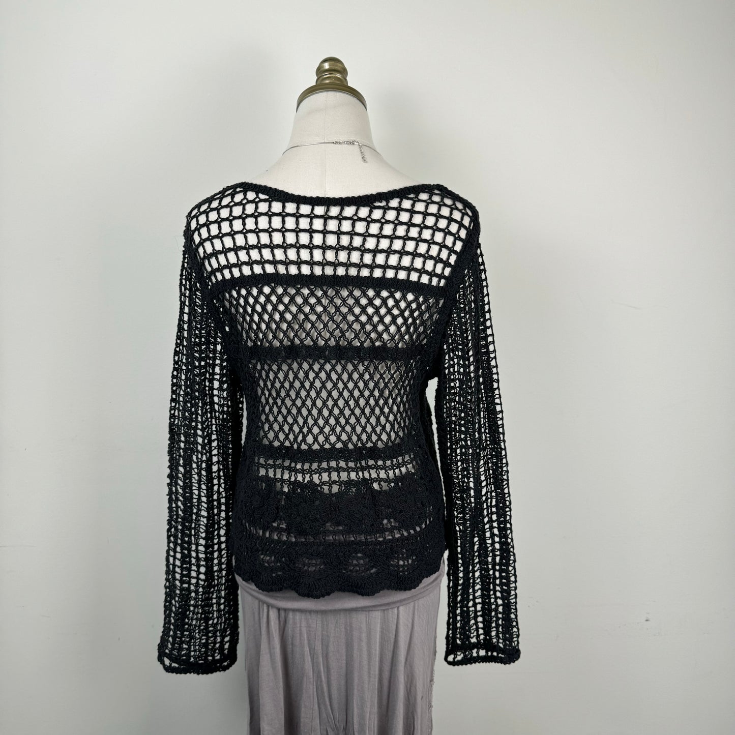 Black Open Knit Crochet Open Front Tie-Up Sweater