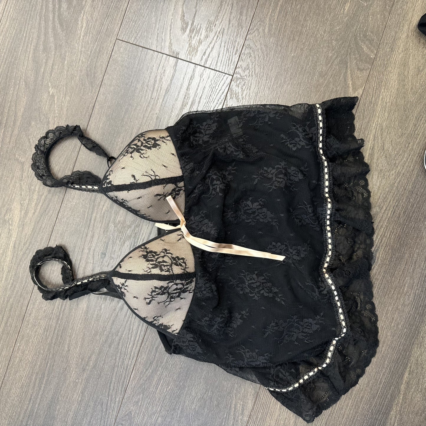 Vintage Babydoll Lace Mesh Cami Top with Ribbon Tie and Ruffle Details – view 9