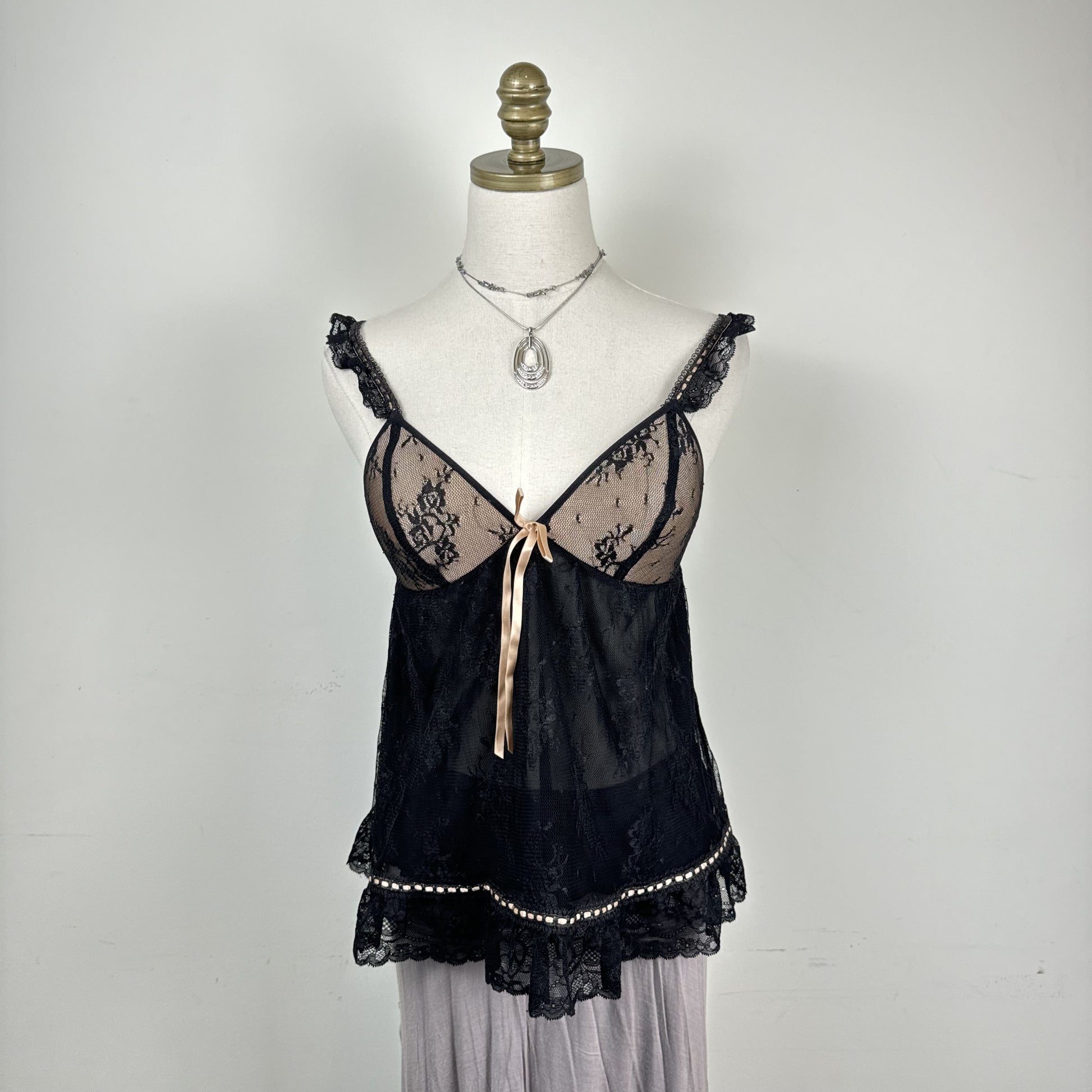 Vintage Babydoll Lace Mesh Cami Top with Ribbon Tie and Ruffle Details
