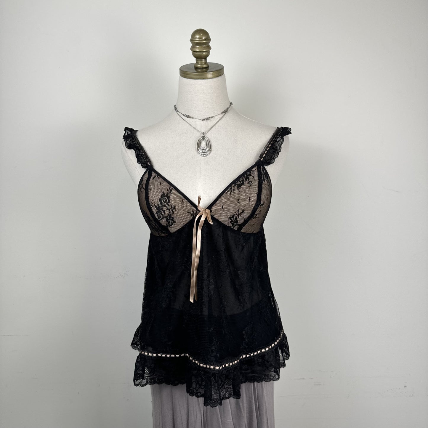 Vintage Babydoll Lace Mesh Cami Top with Ribbon Tie and Ruffle Details – view 2