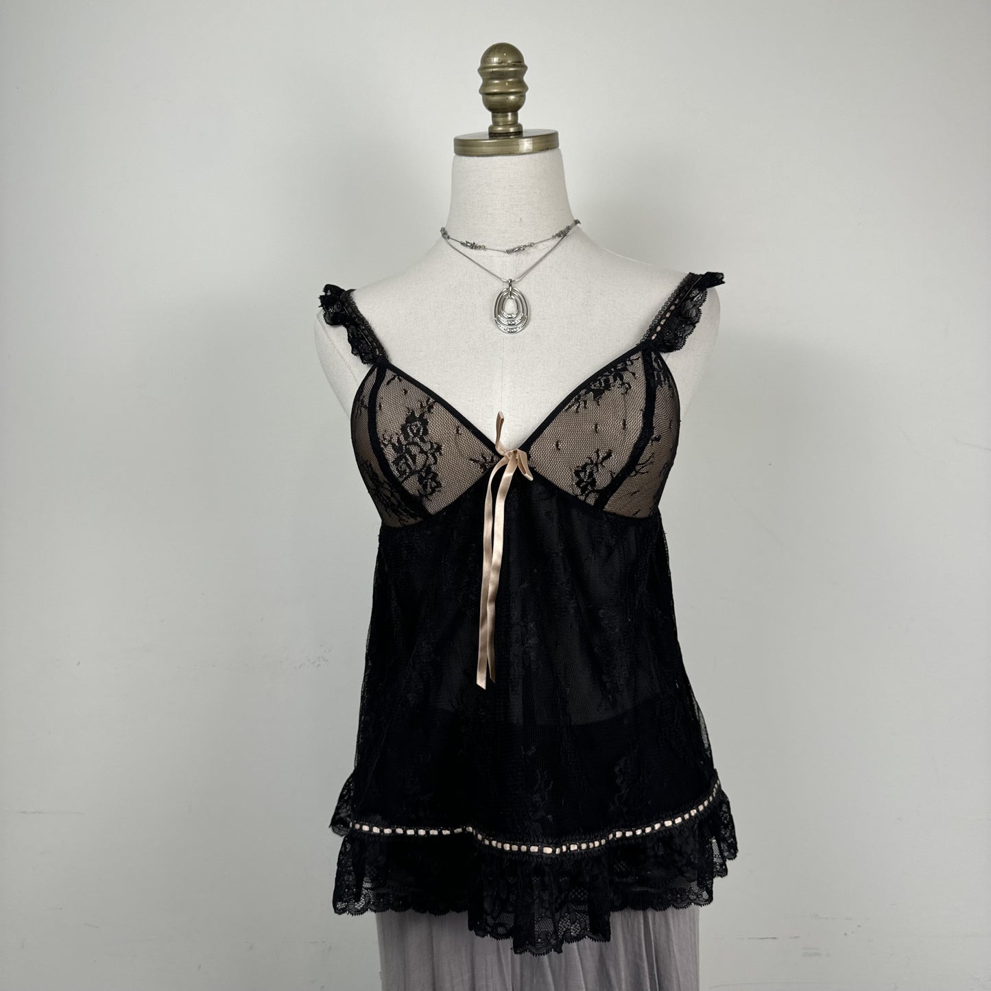 Vintage Babydoll Lace Mesh Cami Top with Ribbon Tie and Ruffle Details – view 3