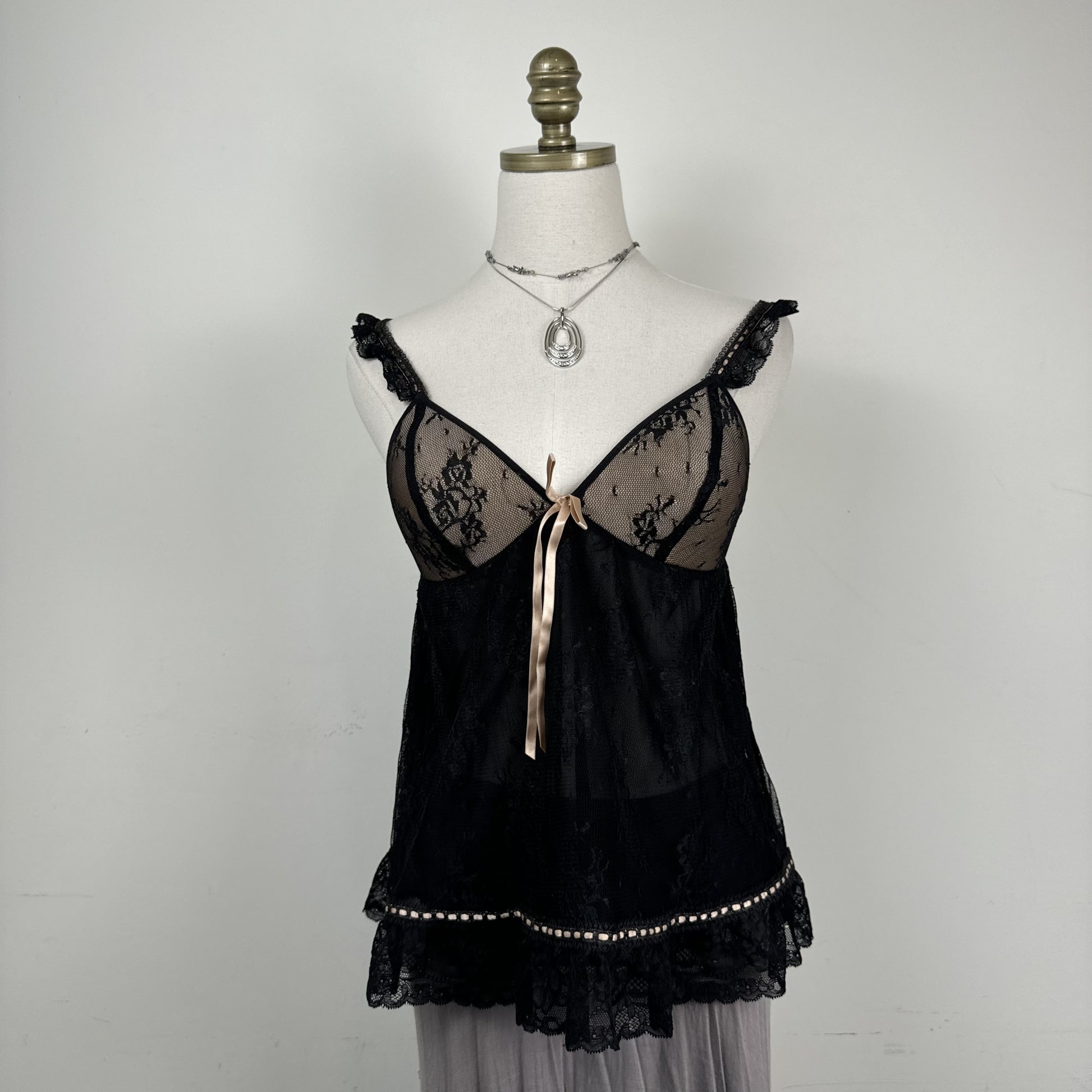Vintage Babydoll Lace Mesh Cami Top with Ribbon Tie and Ruffle Details – view 3