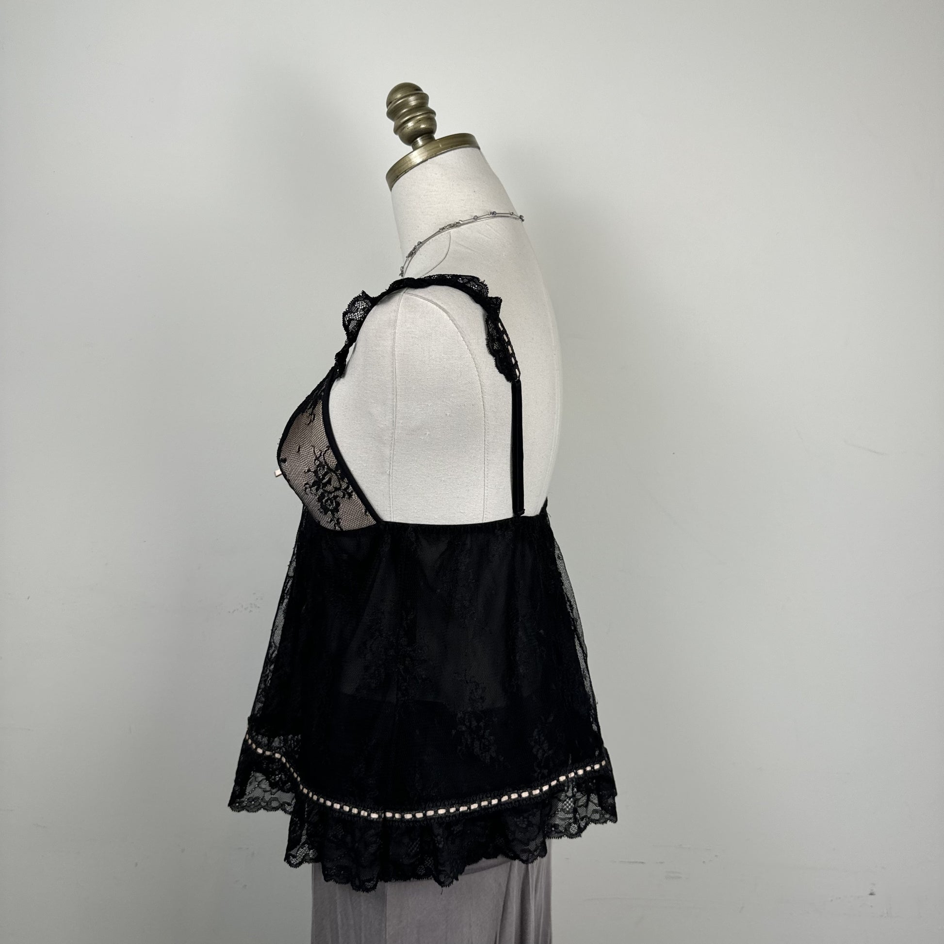 Vintage Babydoll Lace Mesh Cami Top with Ribbon Tie and Ruffle Details – view 4