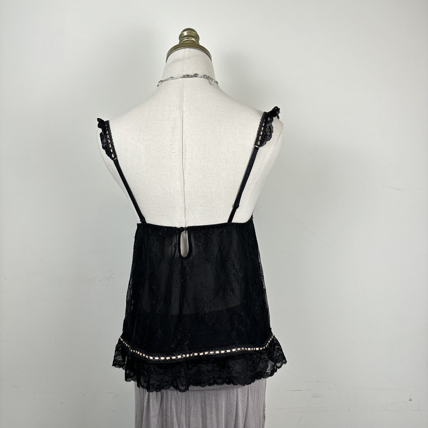 Vintage Babydoll Lace Mesh Cami Top with Ribbon Tie and Ruffle Details – view 5