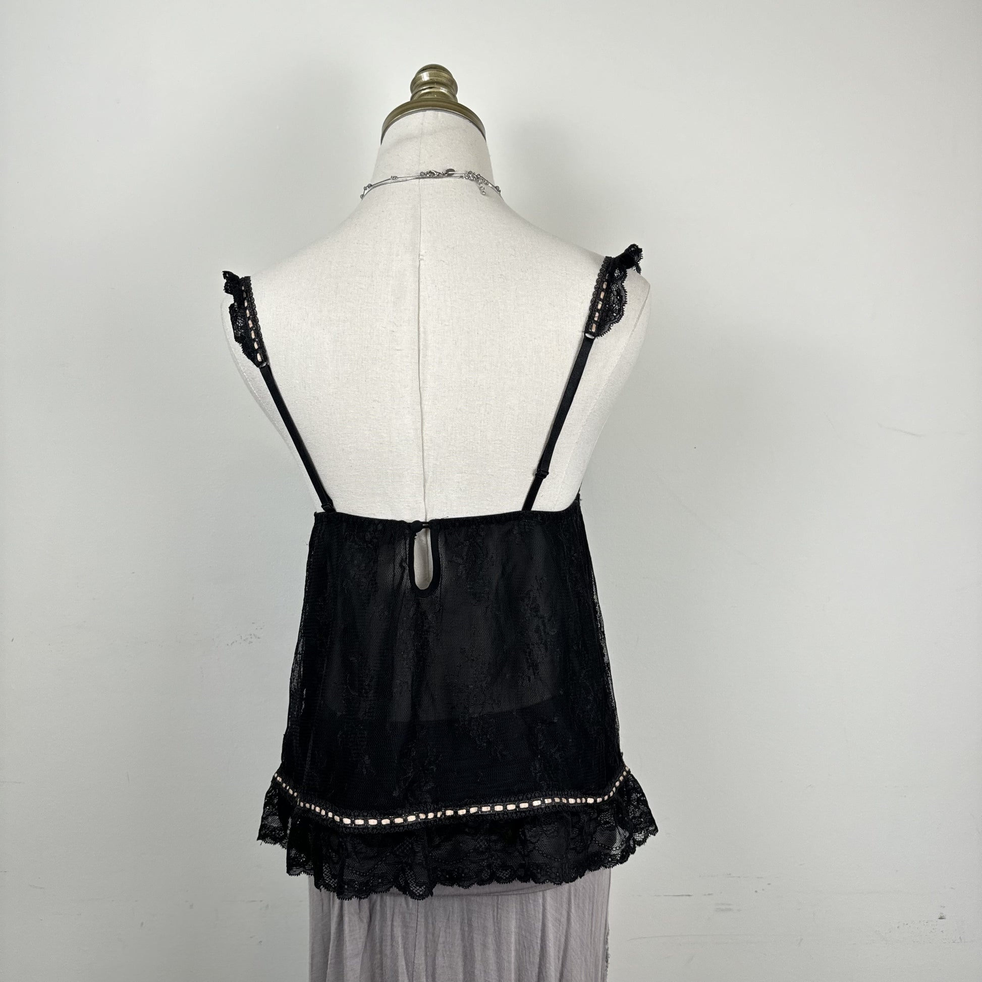 Vintage Babydoll Lace Mesh Cami Top with Ribbon Tie and Ruffle Details – view 5