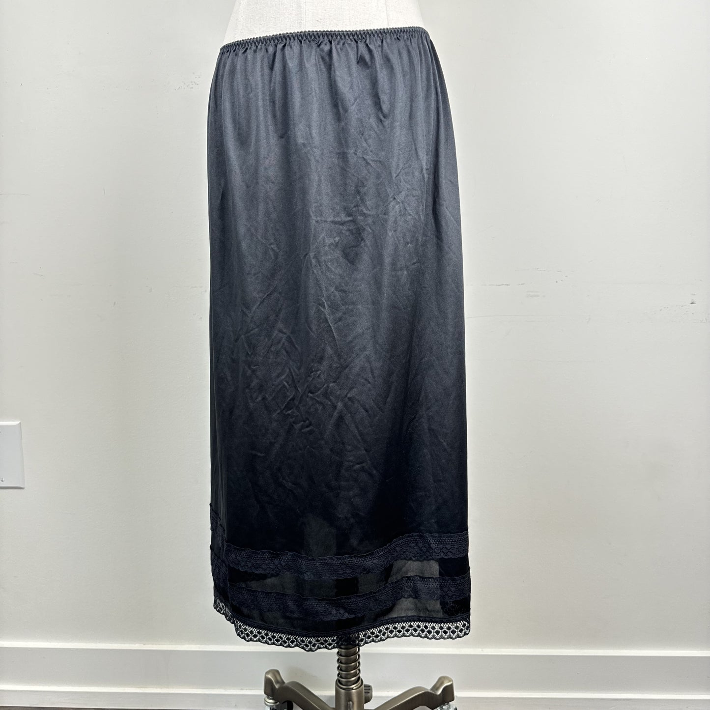 Black Satin Lace Trim Midi Slip Skirt
