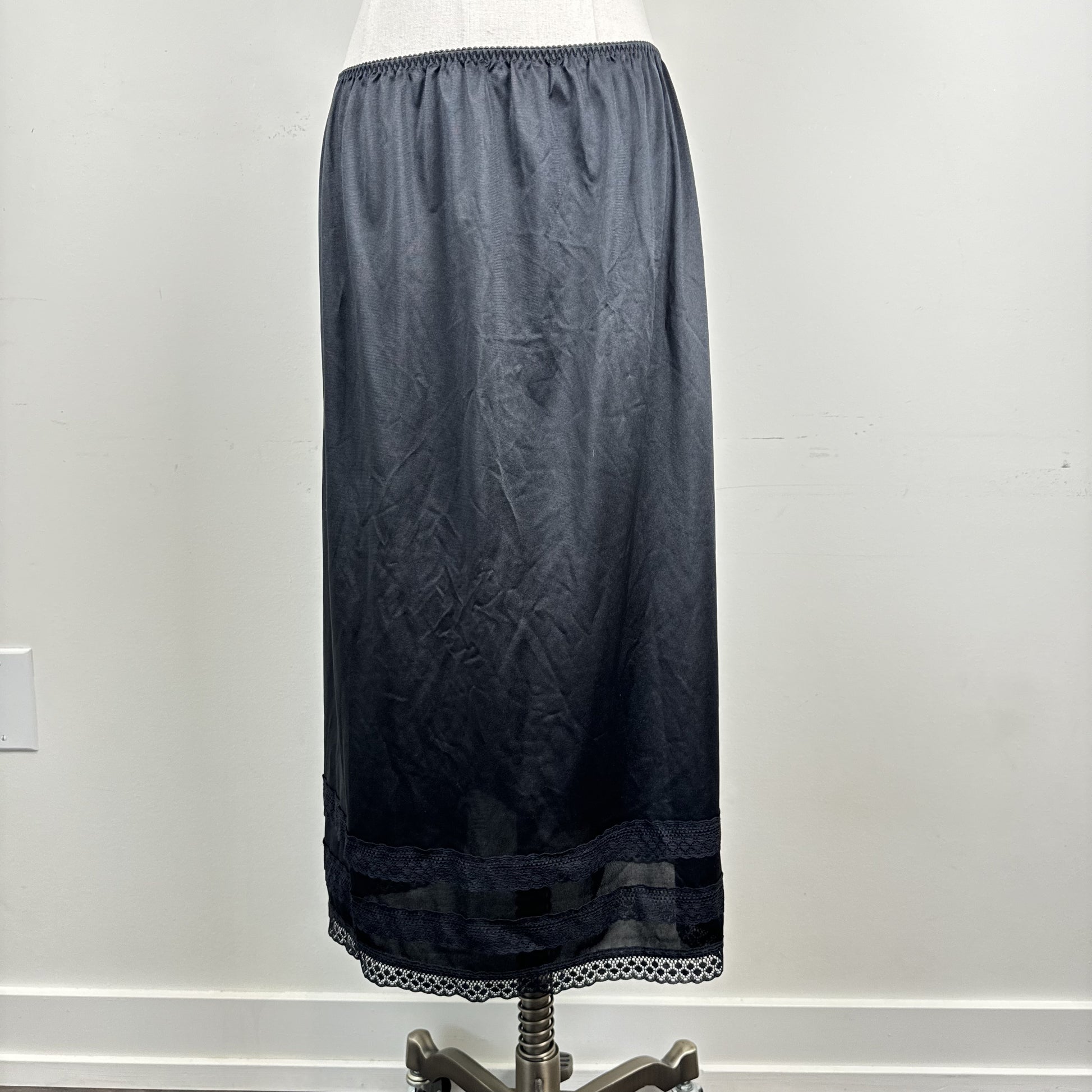 Black Satin Lace Trim Midi Slip Skirt