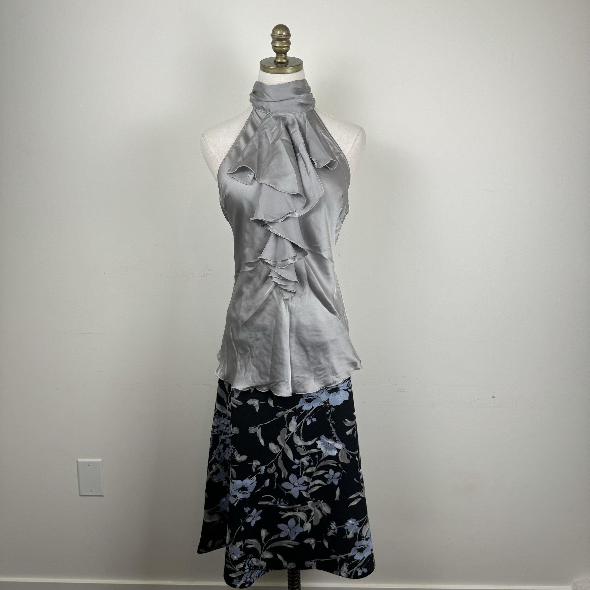 Twik Light Blue Grey Ruffled High Neck Halter Top with Open Back