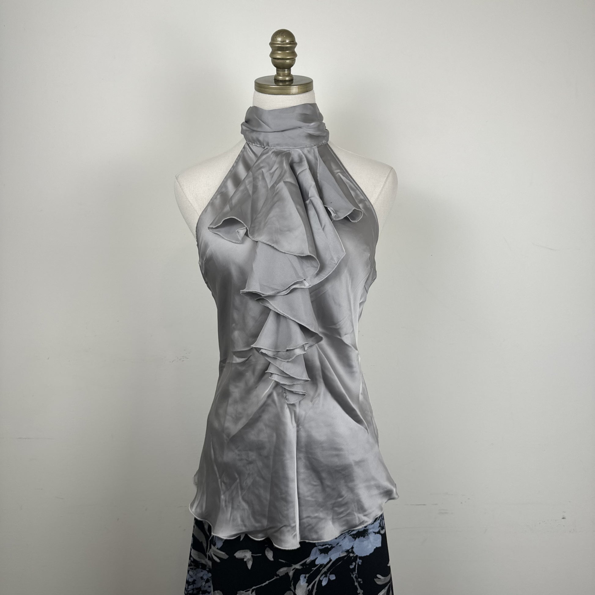 Twik Light Blue Grey Ruffled High Neck Halter Top with Open Back – view 2