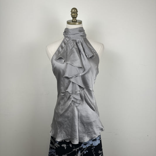 Twik Light Blue Grey Ruffled High Neck Halter Top with Open Back – view 2