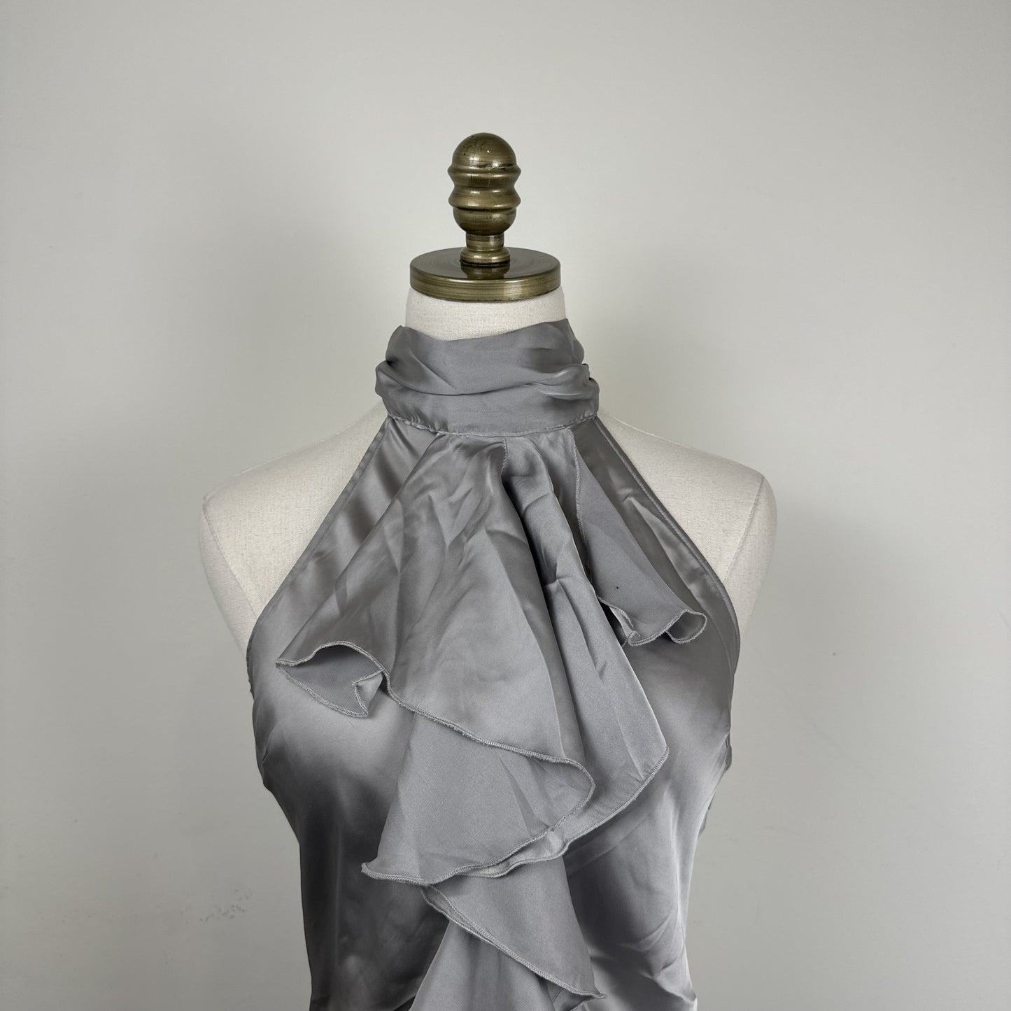 Twik Light Blue Grey Ruffled High Neck Halter Top with Open Back – view 6