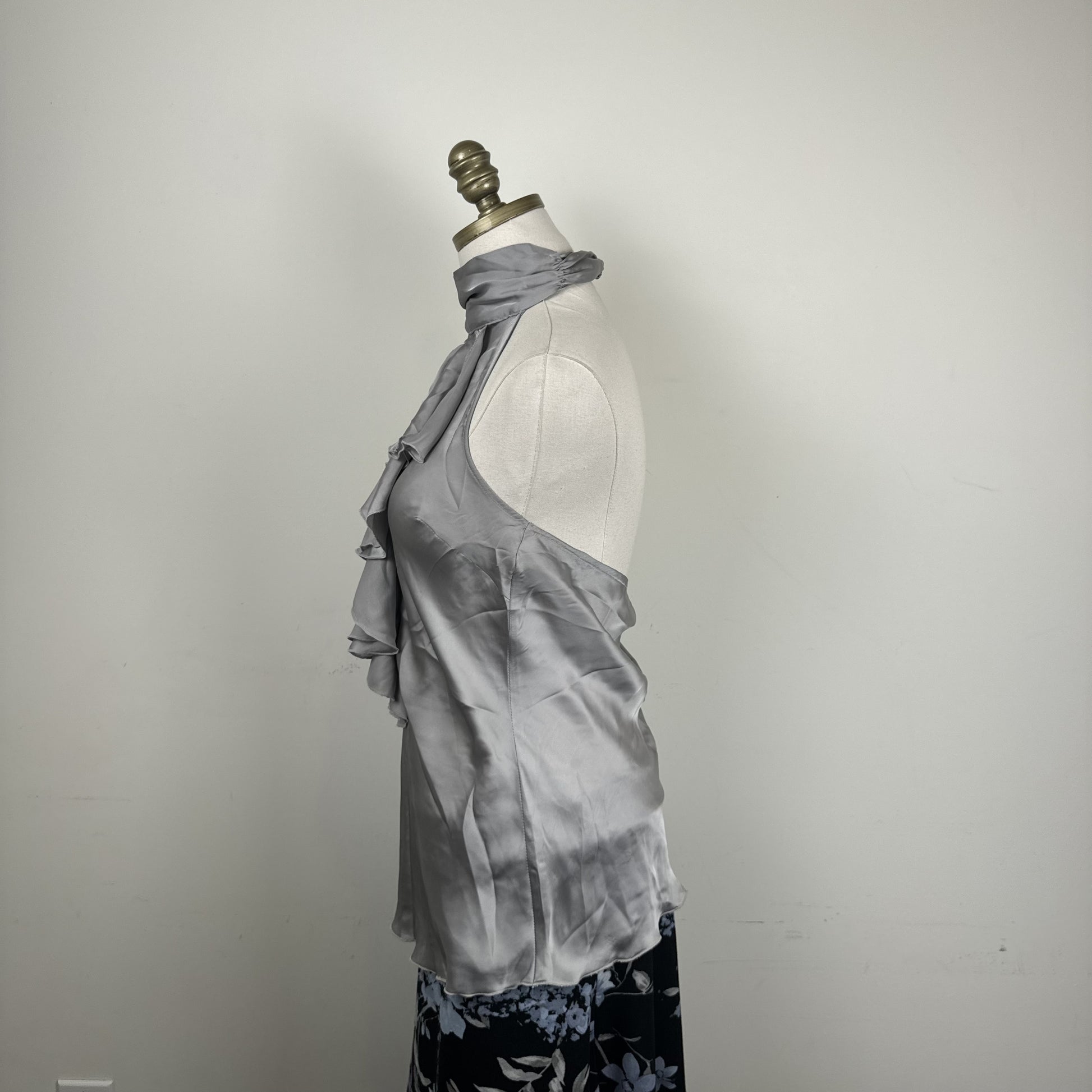 Twik Light Blue Grey Ruffled High Neck Halter Top with Open Back – view 3