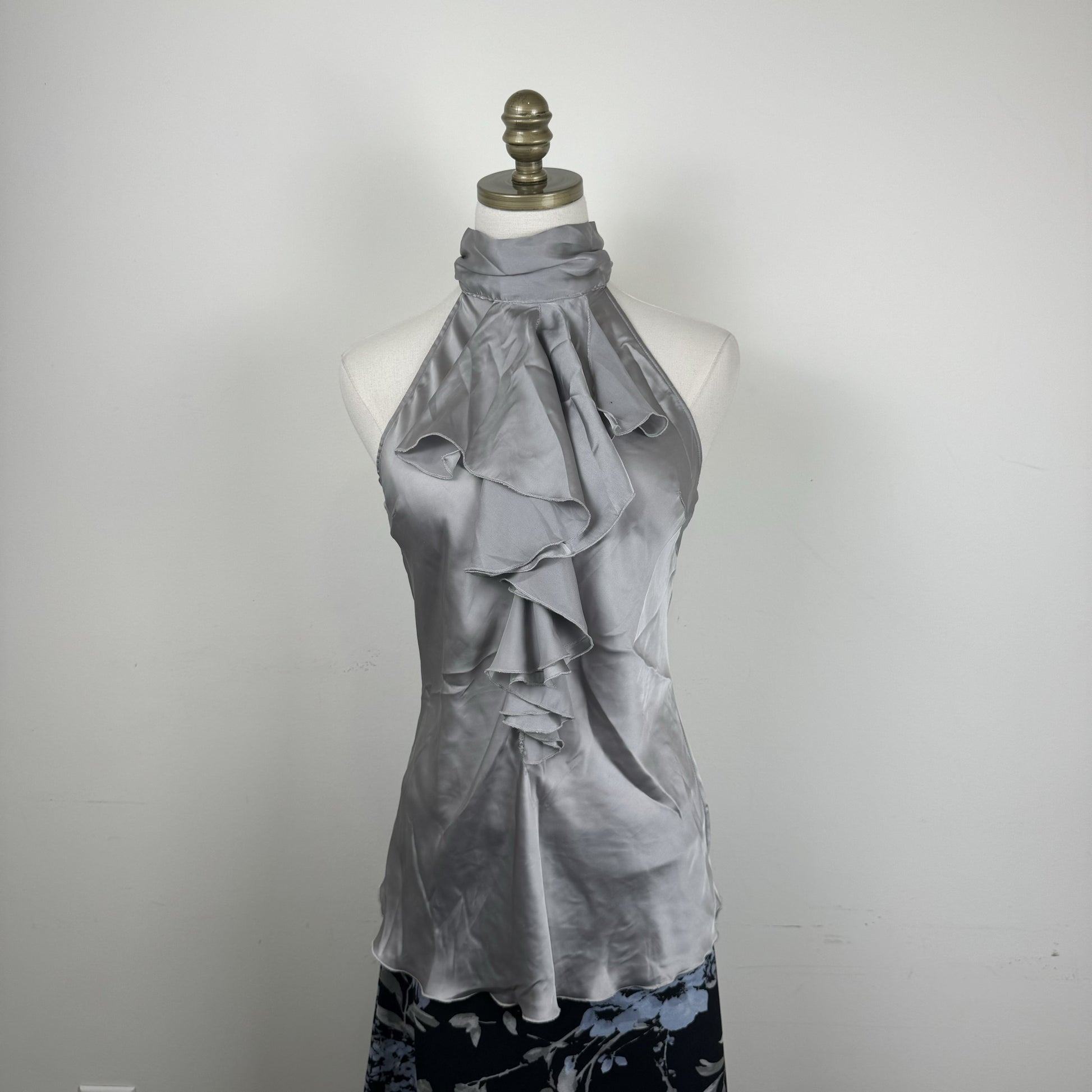 Twik Light Blue Grey Ruffled High Neck Halter Top with Open Back – view 5