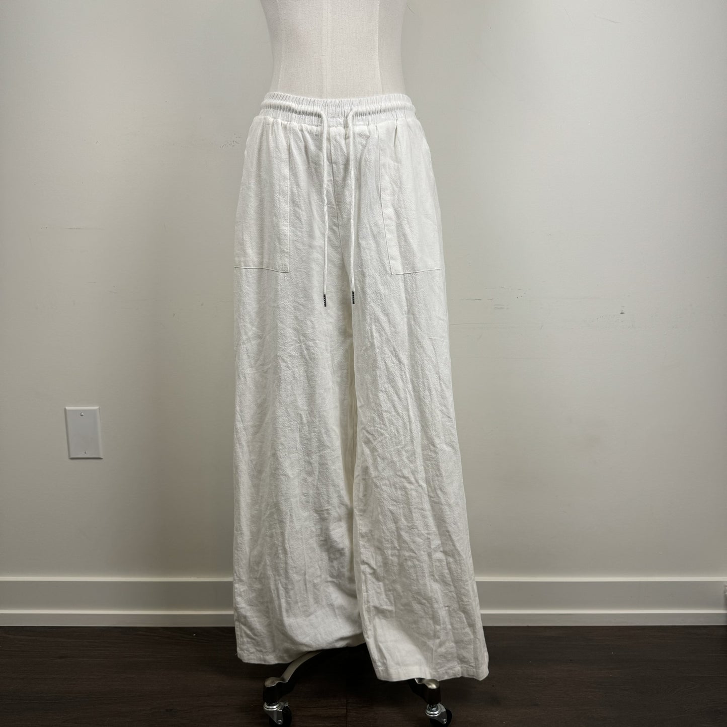 Cream Linen Blend Flared Trousers Drawstring Waist