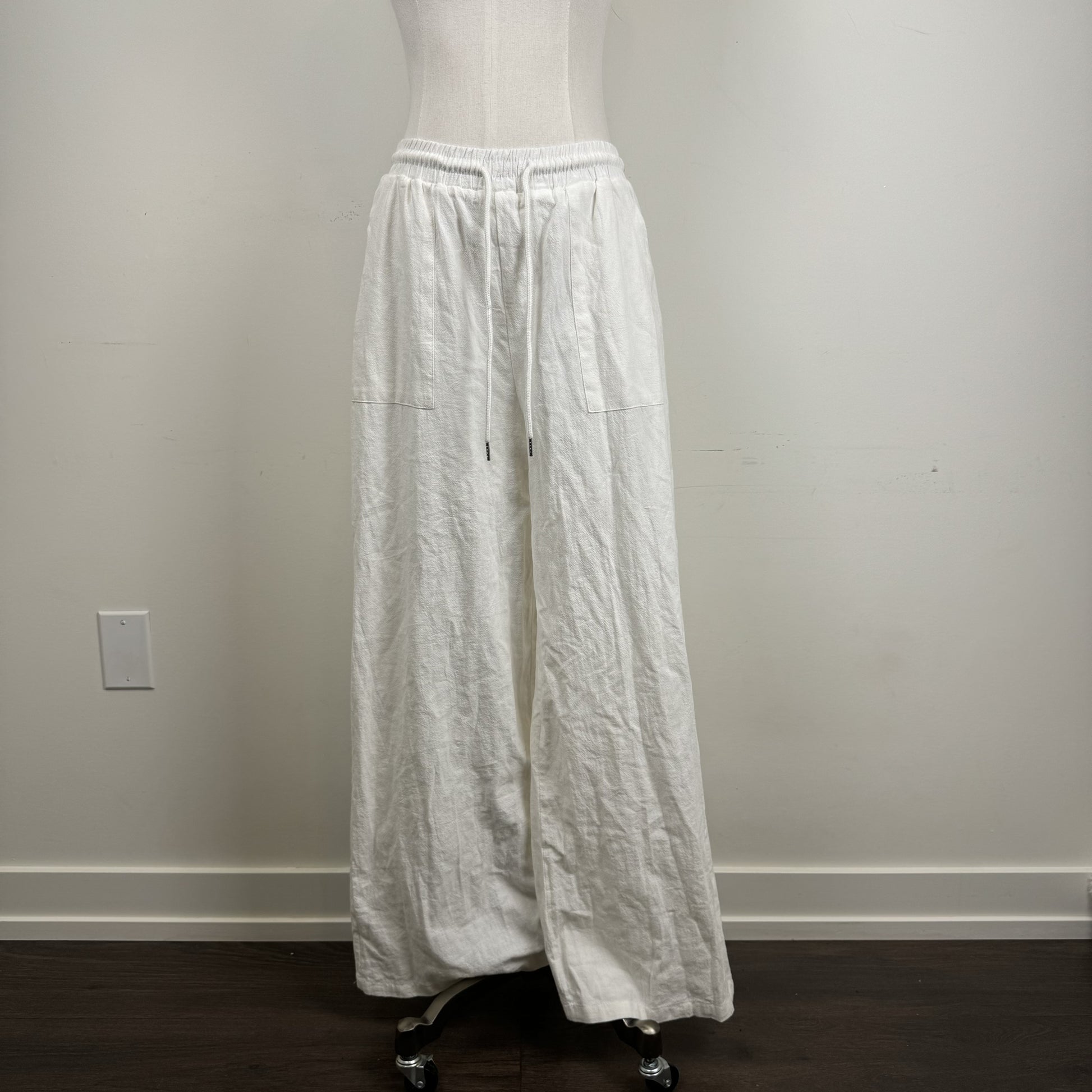 Cream Linen Blend Flared Trousers Drawstring Waist