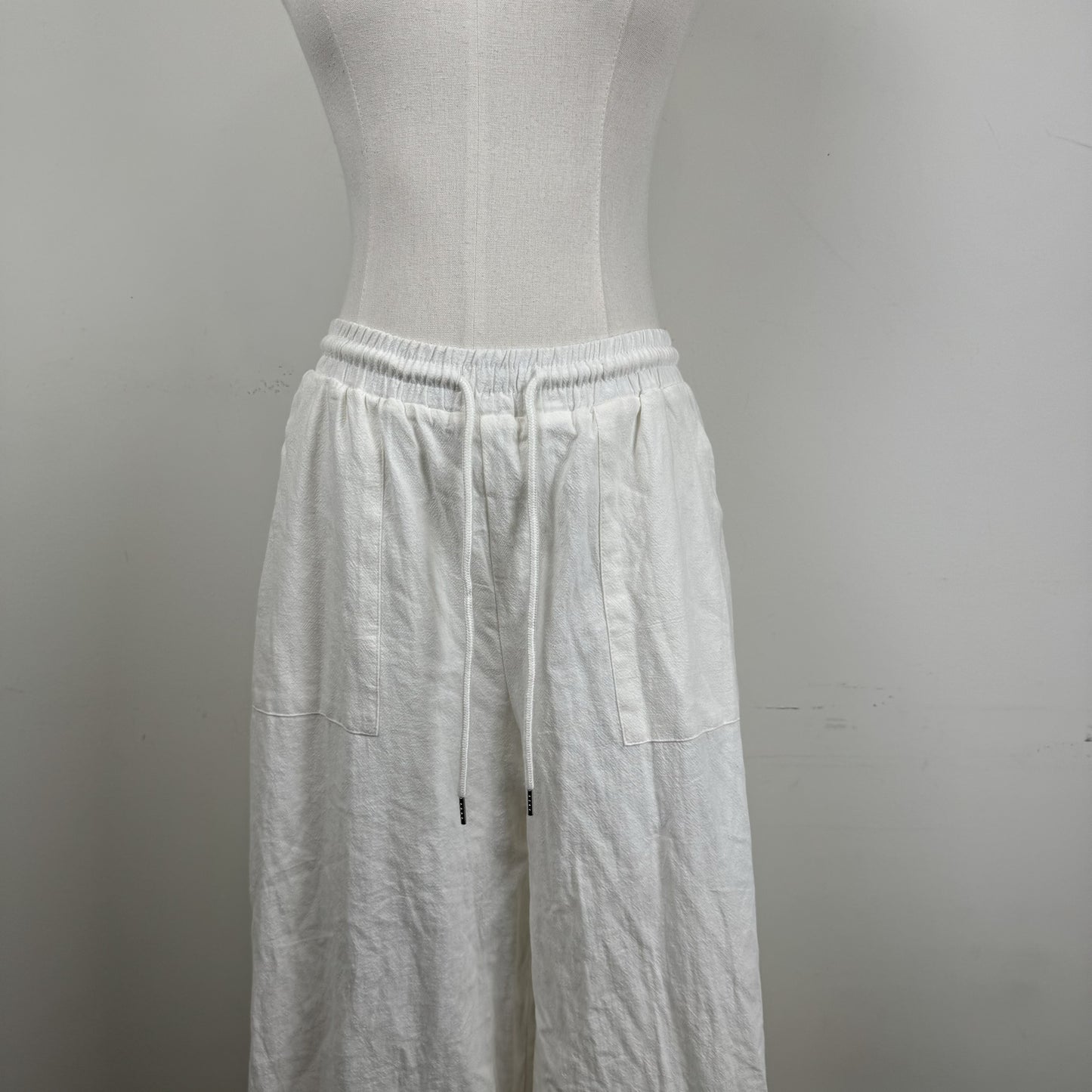 Cream Linen Blend Flared Trousers Drawstring Waist – view 2