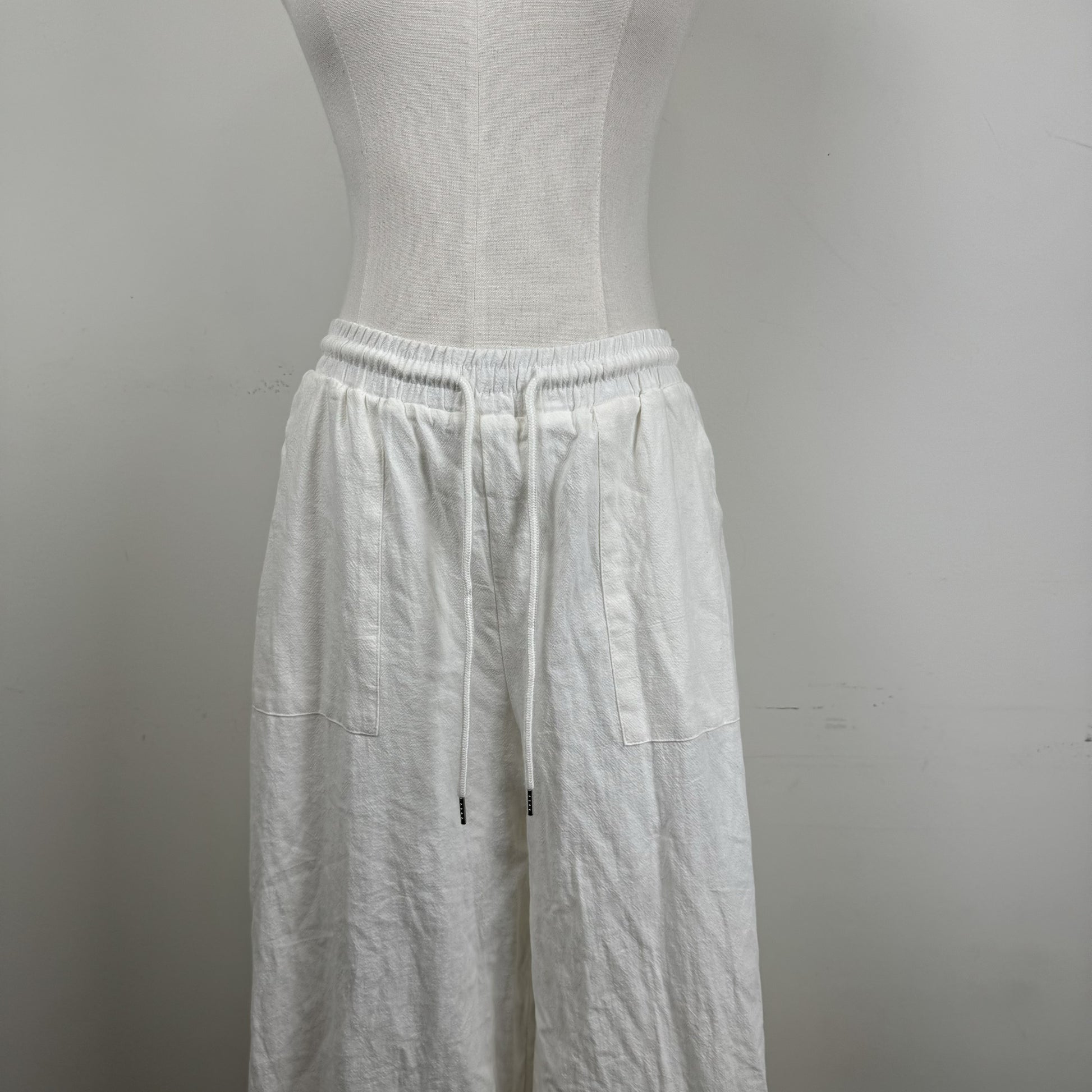 Cream Linen Blend Flared Trousers Drawstring Waist – view 2