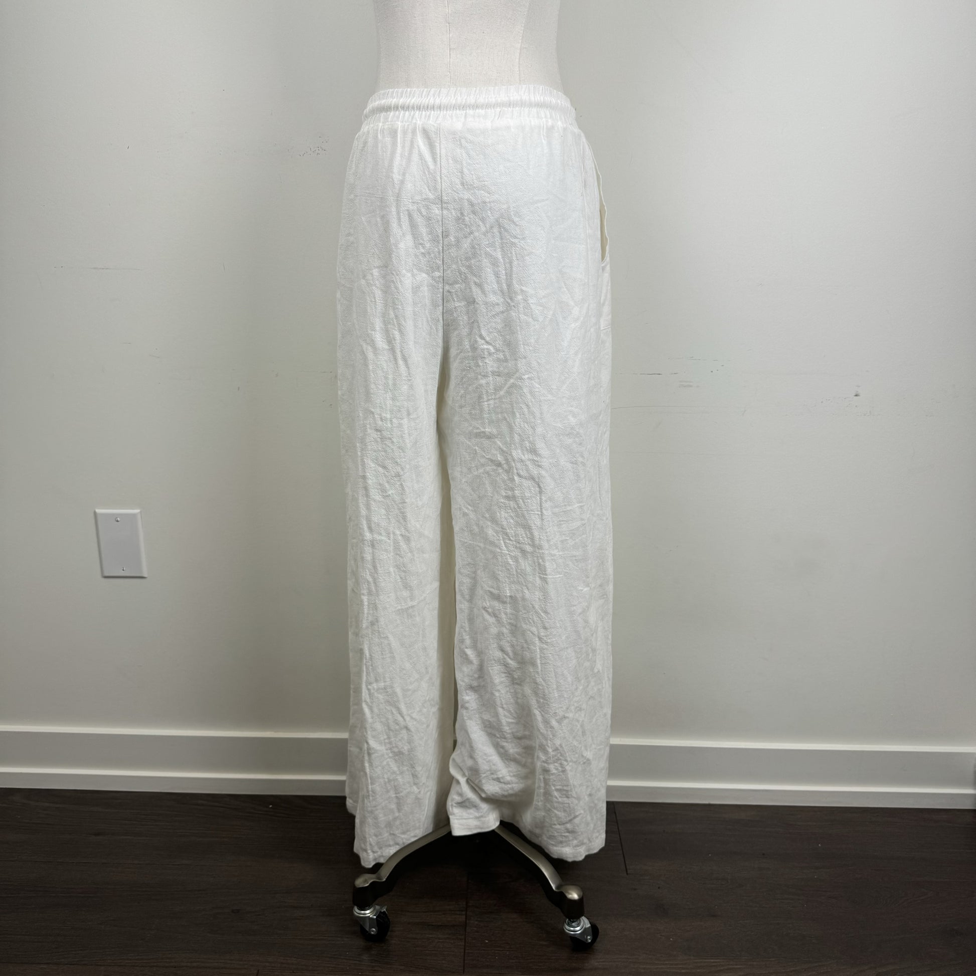 Cream Linen Blend Flared Trousers Drawstring Waist – view 3