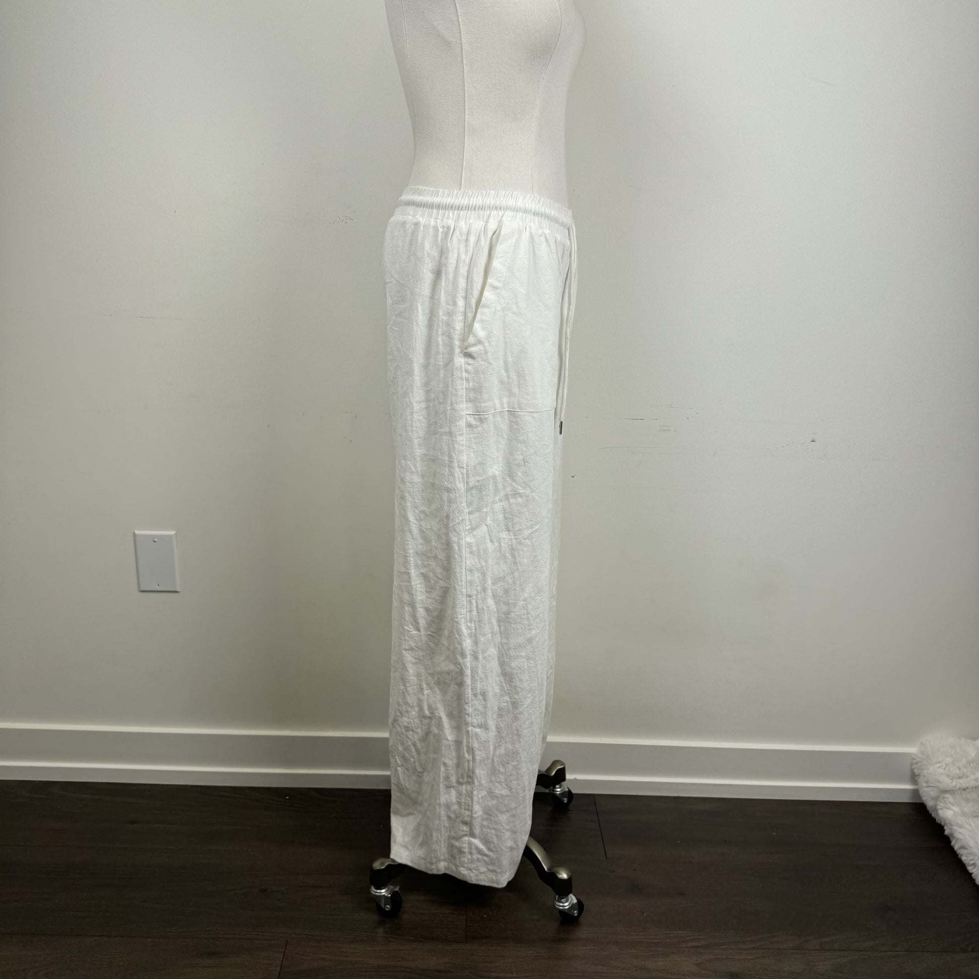 Cream Linen Blend Flared Trousers Drawstring Waist – view 4