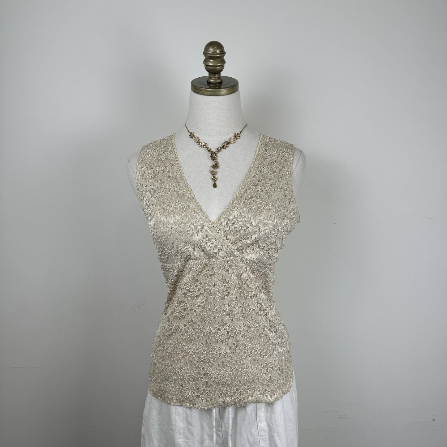 Vintage Beige Lace Sleeveless Wrap Top