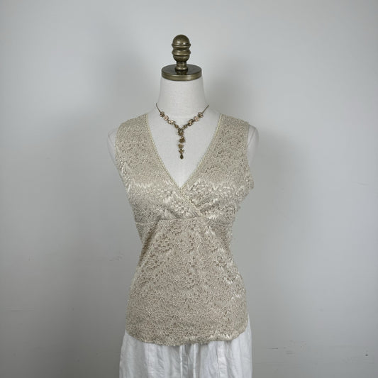 Vintage Beige Lace Sleeveless Wrap Top