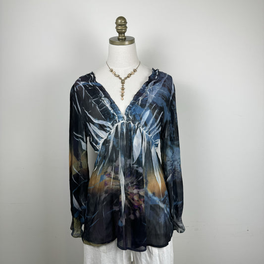 Vintage Mushka by Sienna Abstract Print Chiffon Babydoll Long Sleeve Top
