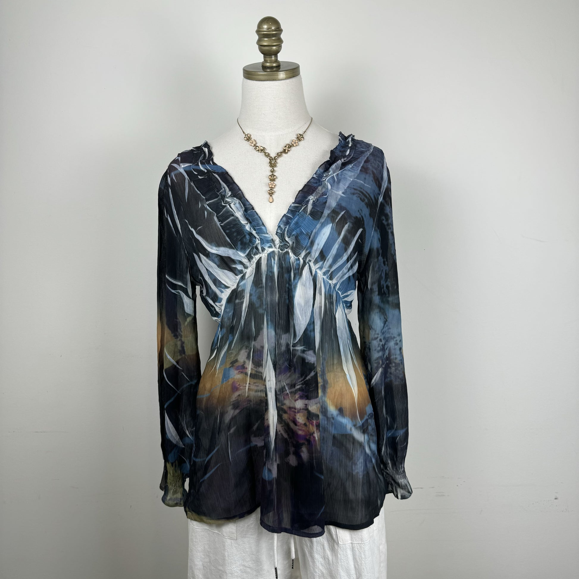 Vintage Mushka by Sienna Abstract Print Chiffon Babydoll Long Sleeve Top – view 2