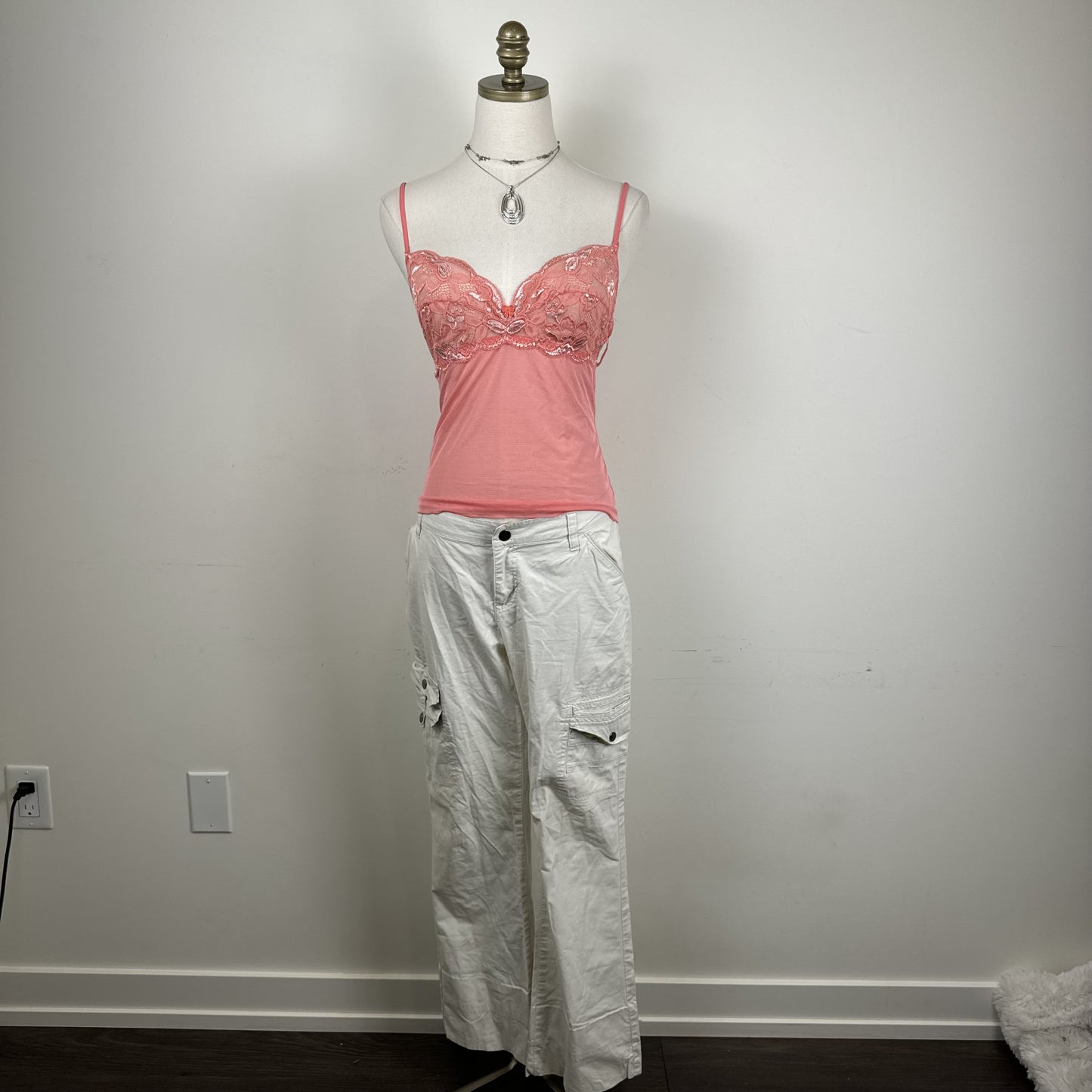 Belfort Coral Pink Lace Mesh Semi Sheer Cami Top Made in Italy – view 9