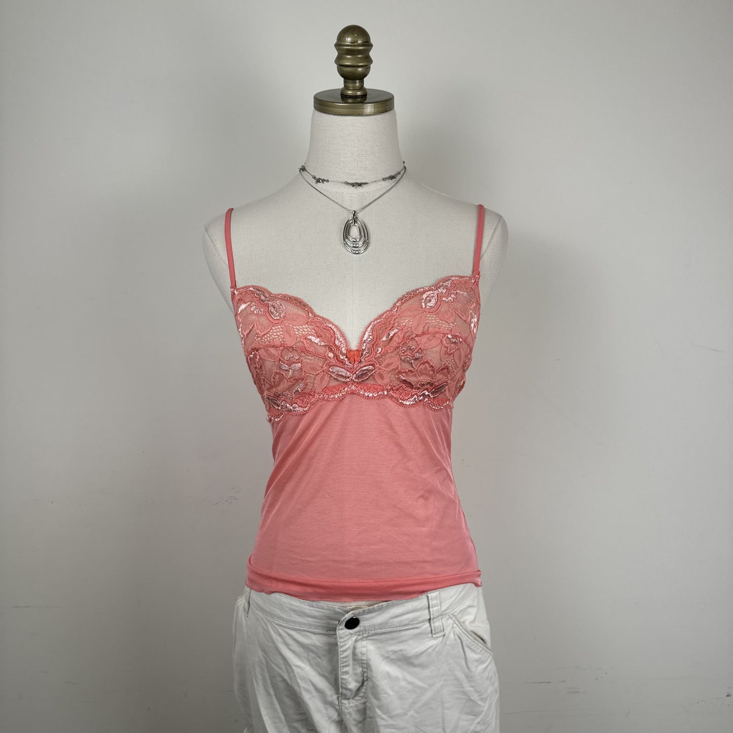 Belfort Coral Pink Lace Mesh Semi Sheer Cami Top Made in Italy