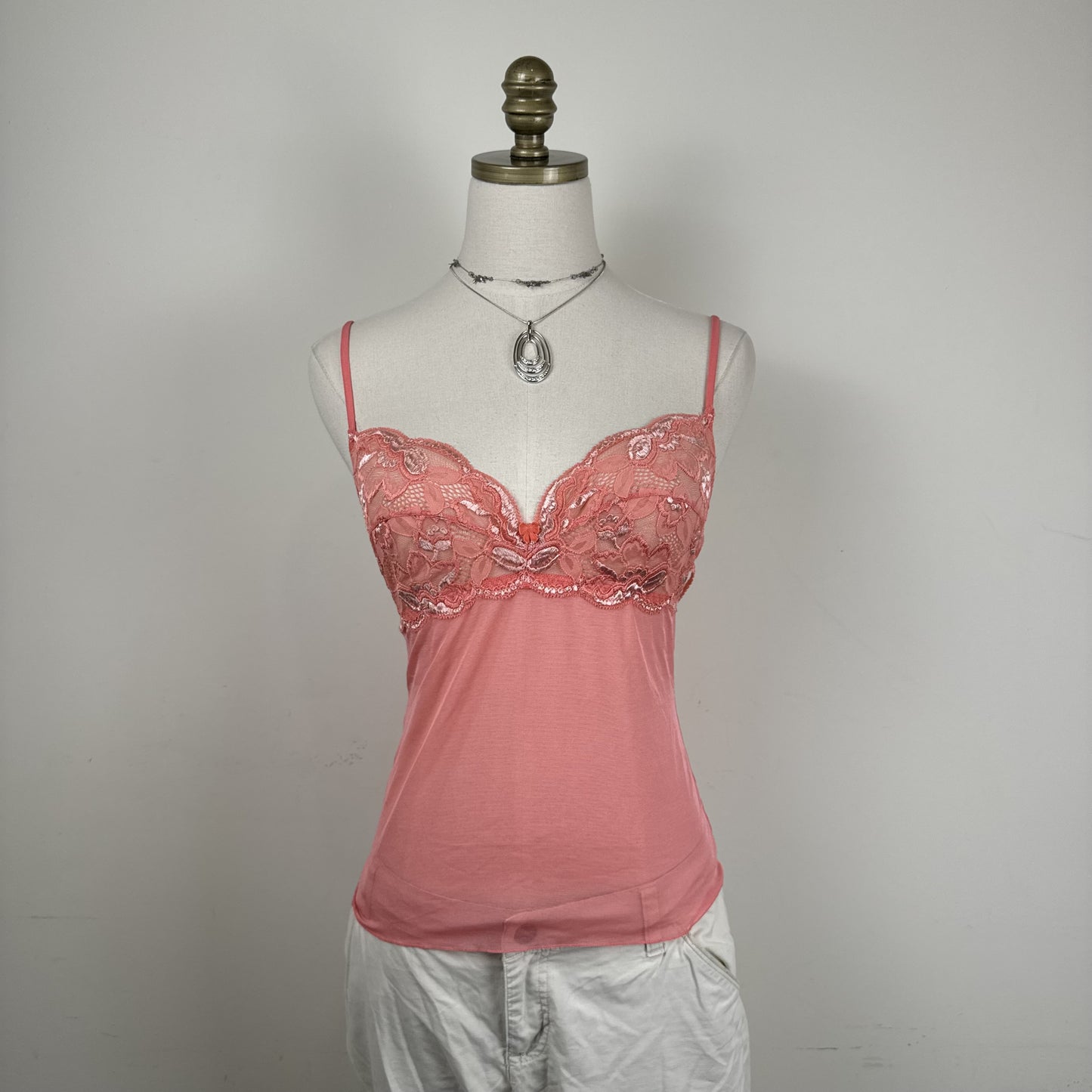 Belfort Coral Pink Lace Mesh Semi Sheer Cami Top Made in Italy – view 2