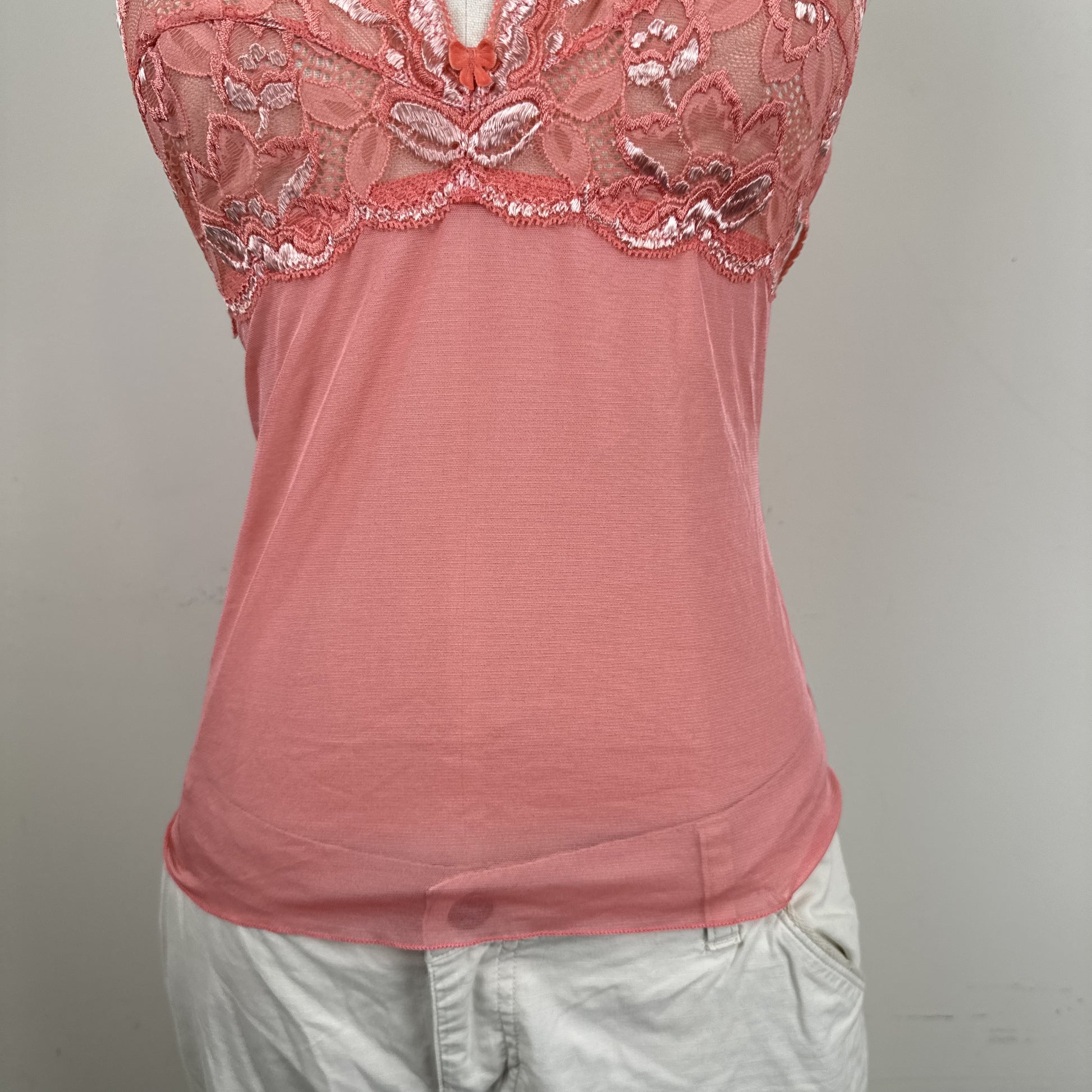 Belfort Coral Pink Lace Mesh Semi Sheer Cami Top Made in Italy – view 10