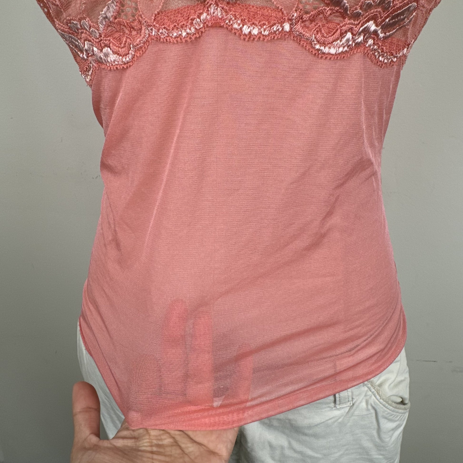 Belfort Coral Pink Lace Mesh Semi Sheer Cami Top Made in Italy – view 7