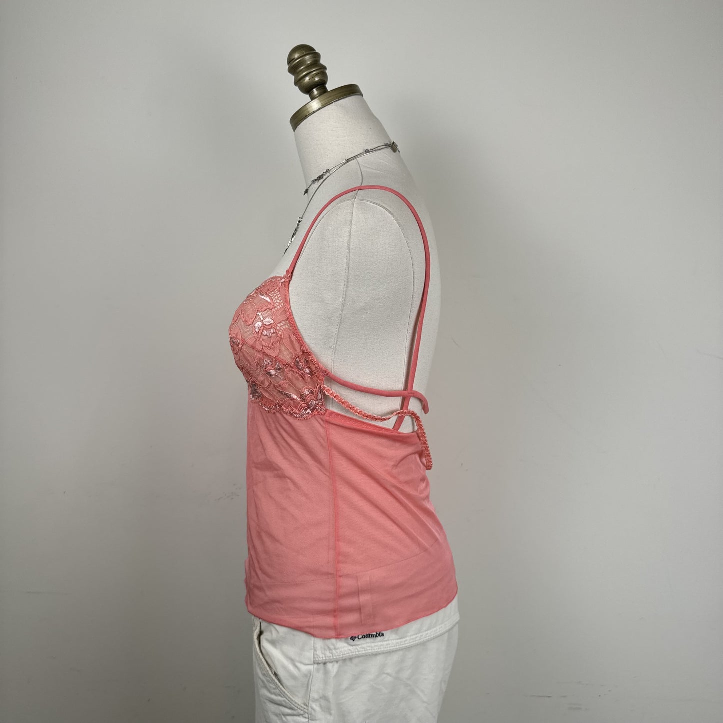Belfort Coral Pink Lace Mesh Semi Sheer Cami Top Made in Italy – view 4
